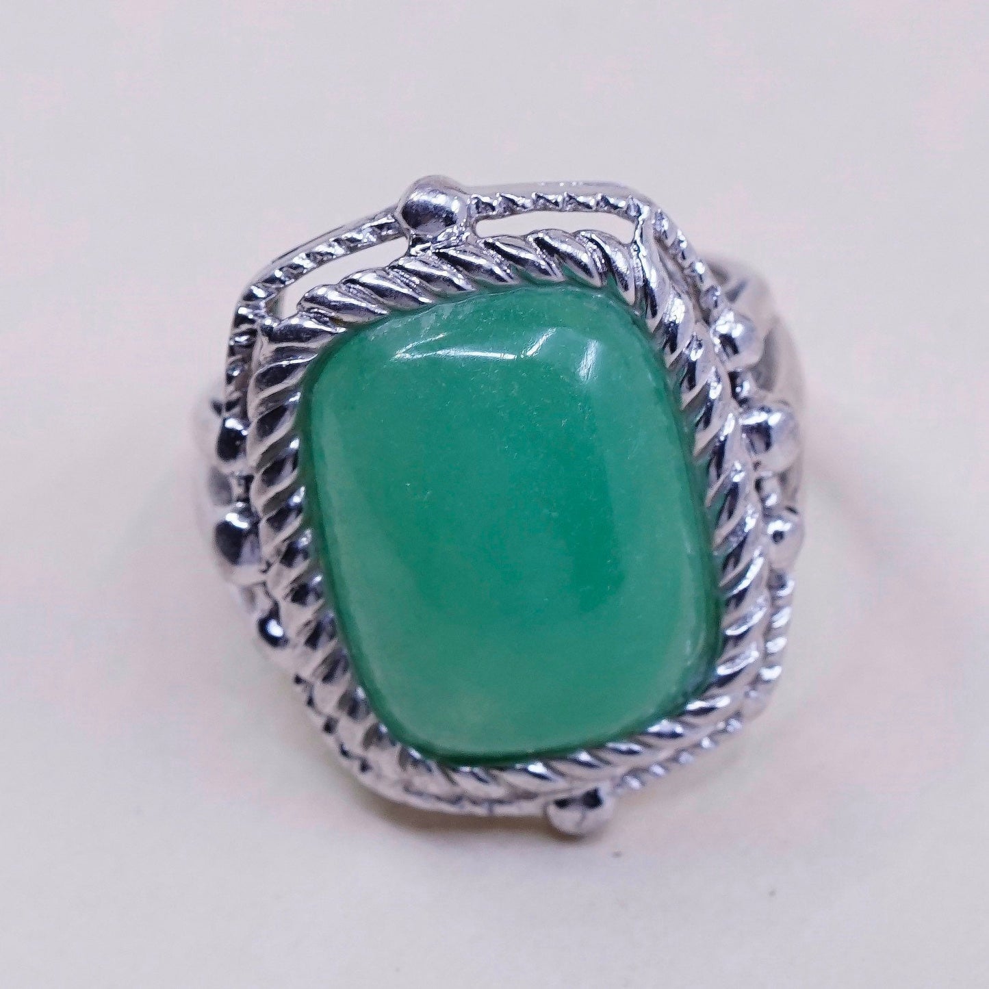 Size 7.25, Vintage sterling silver handmade ring, ring with jade and cable