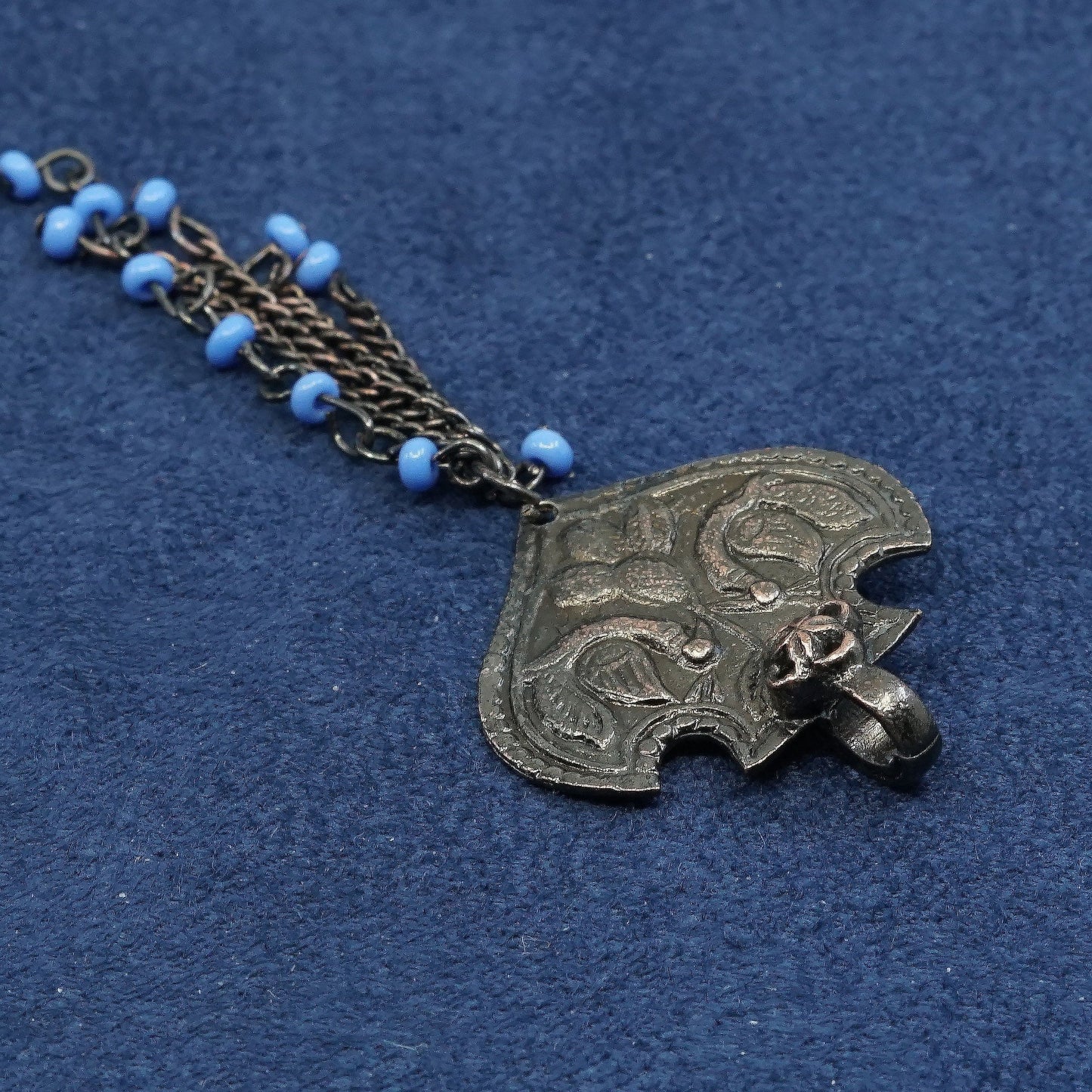 vtg two tone sterling silver handmade pendant, 925 tag w/ blue stone fringe