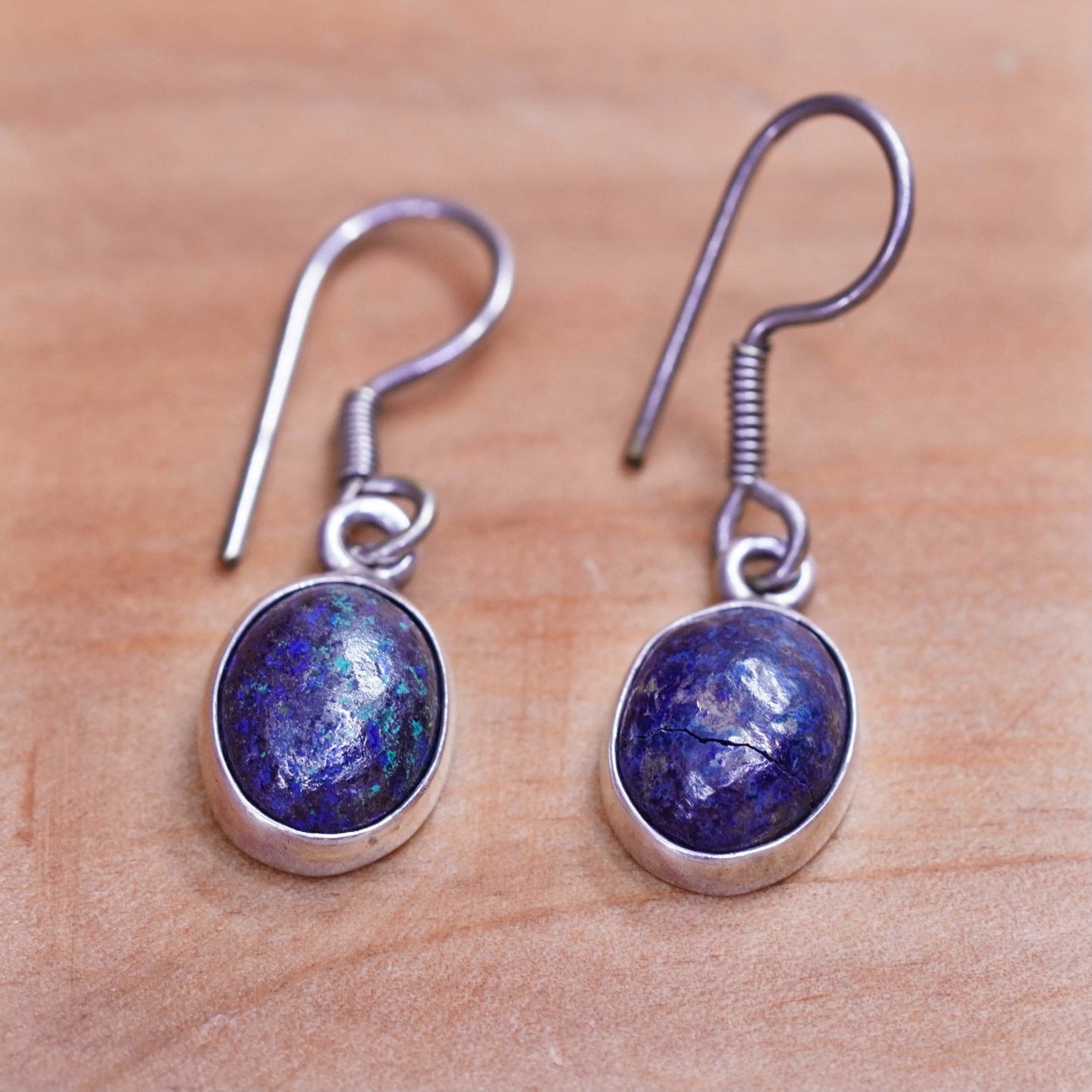 Vintage Sterling 970 silver handmade earrings with oval azurite