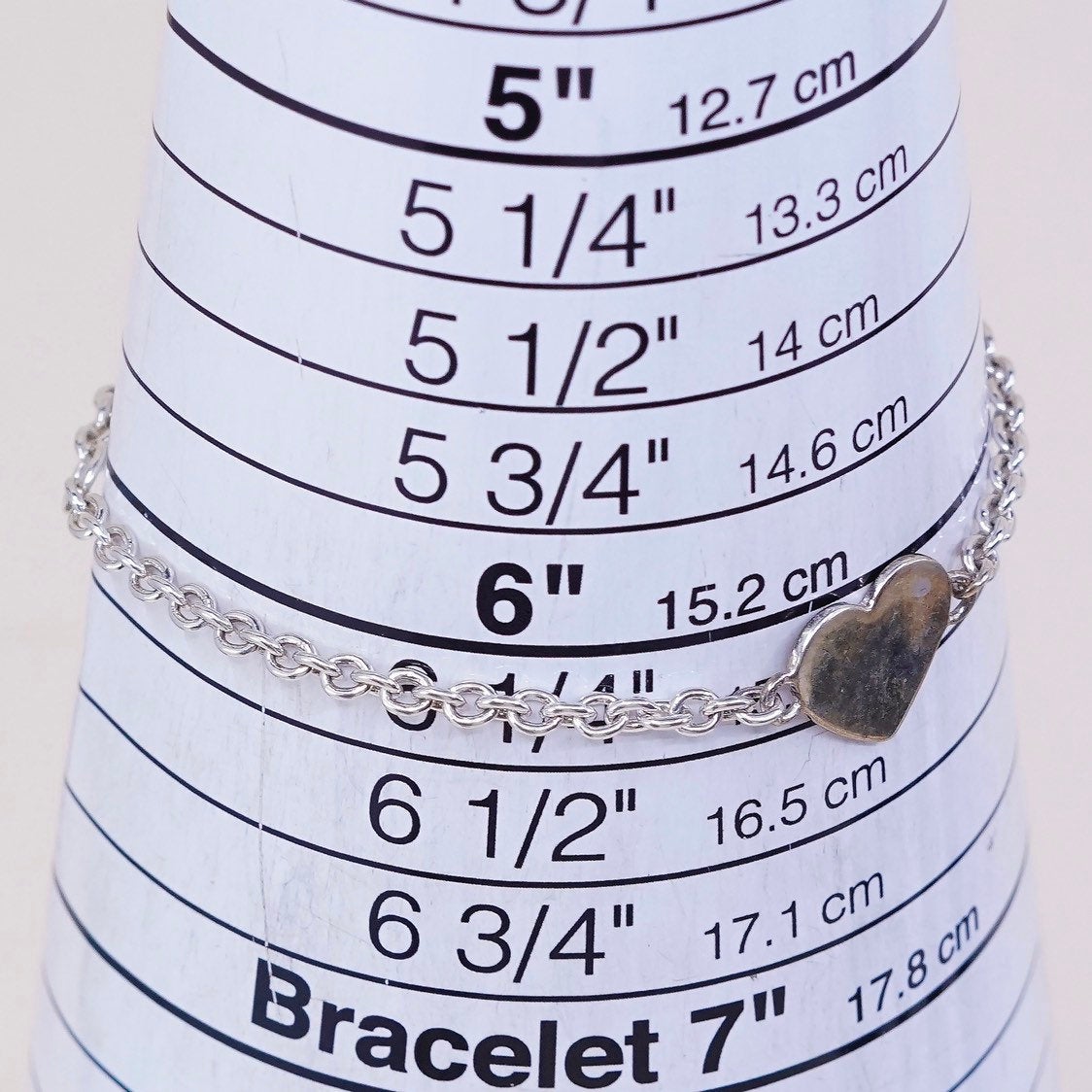 6.25”, 2mm, VTG sterling silver handmade bracelet, Circle w/ heart charm