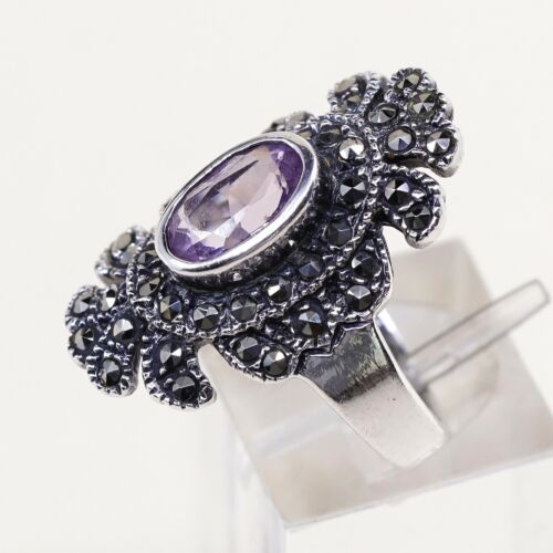 Sz 8, Sterling Silver handmade Ring, 925 Silver W/ amethyst n marcasite