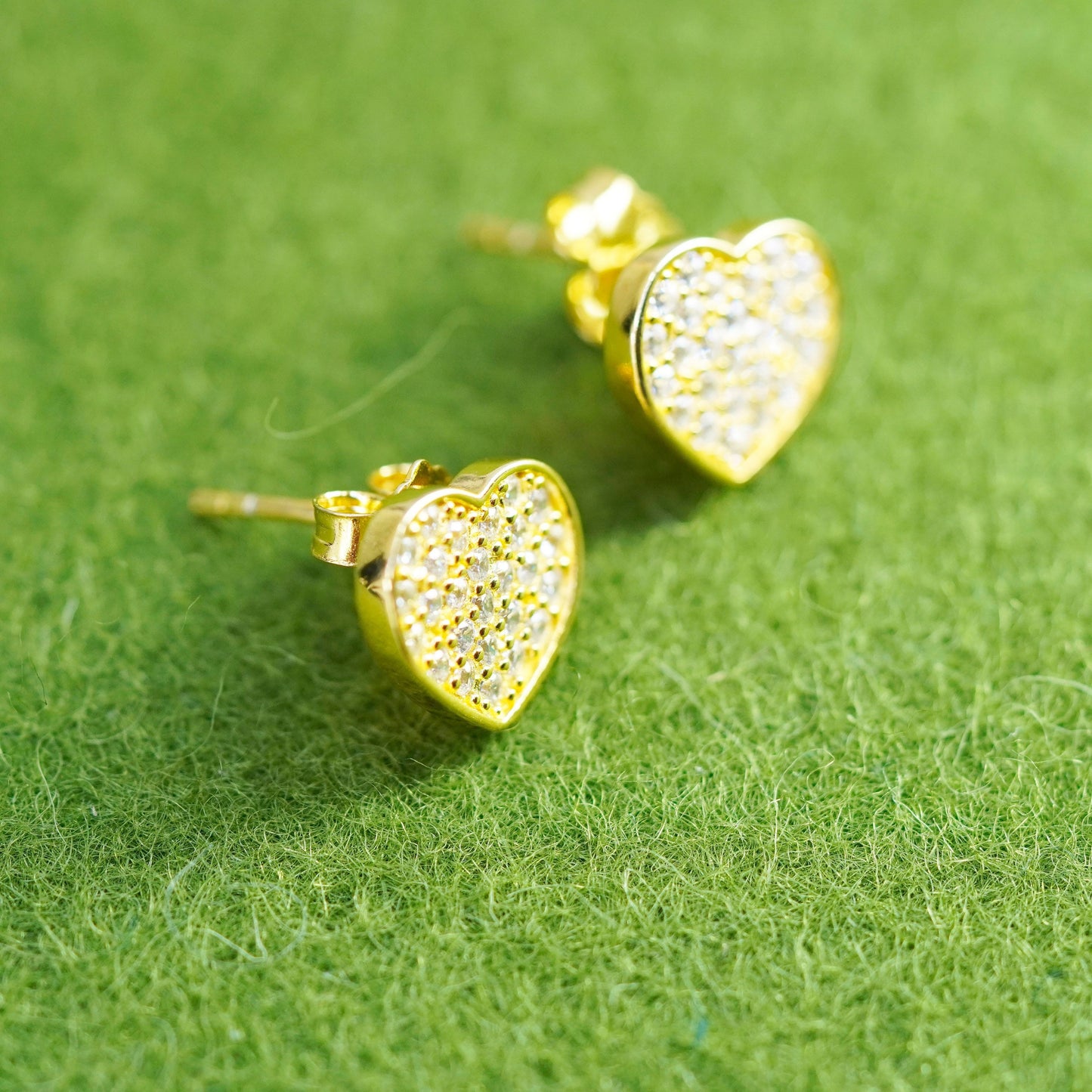 Vintage vermeil gold over Sterling silver earrings, 925 heart studs with cz