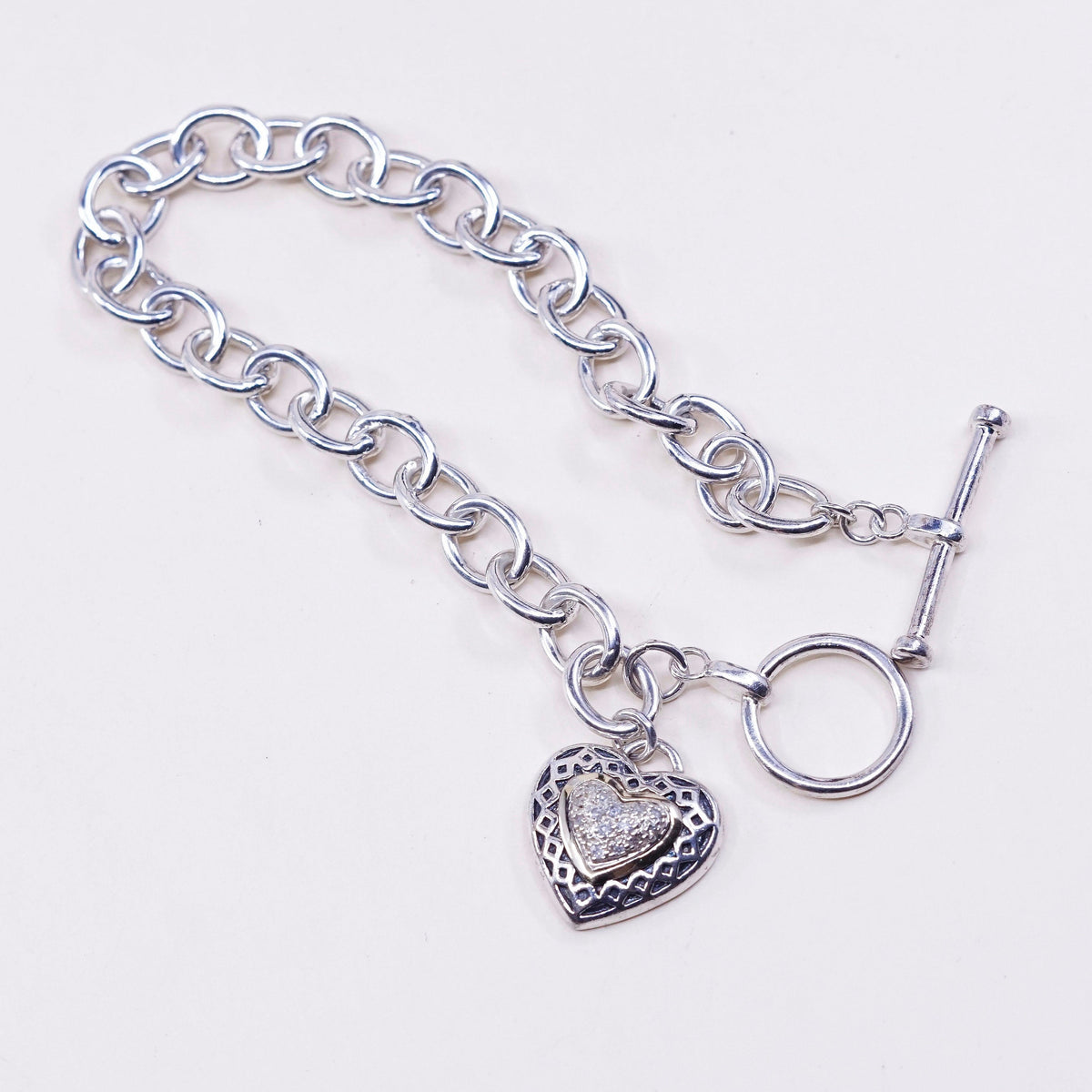 7”, 14K gold w/ sterling silver bracelet, 925 circle chain w/ heart charm