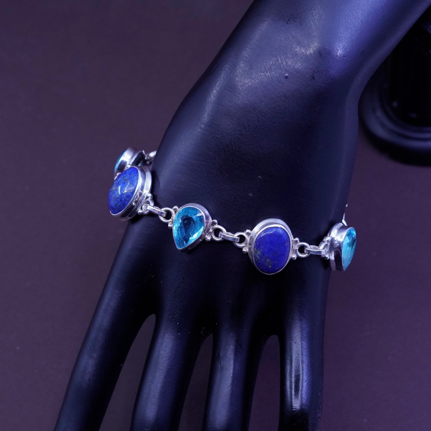 7+1”, Sterling 925 silver handmade bracelet with lapis lazuli N teardrop topaz