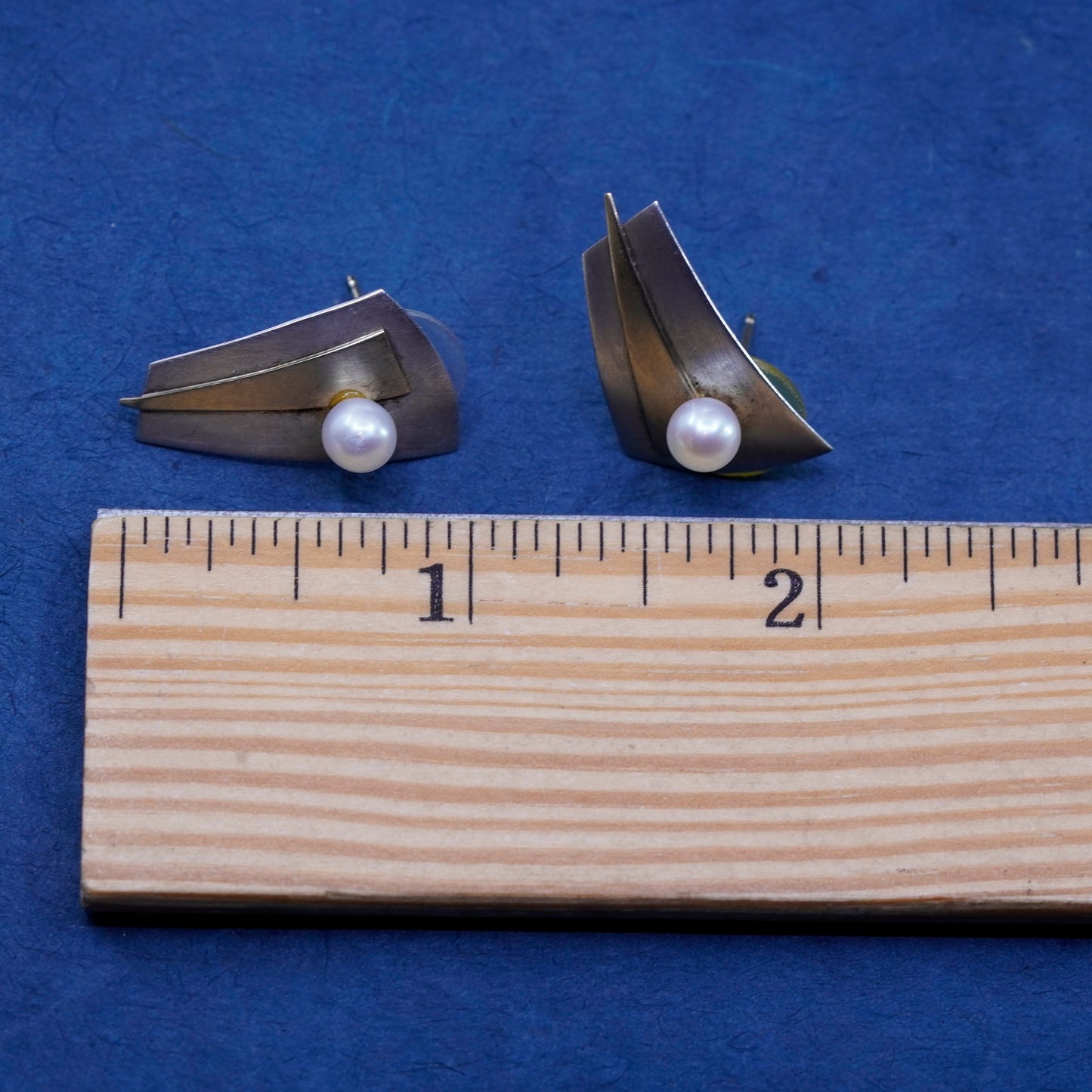 two tone 14K gold with sterling silver modern earrings, 925 studs with pearls