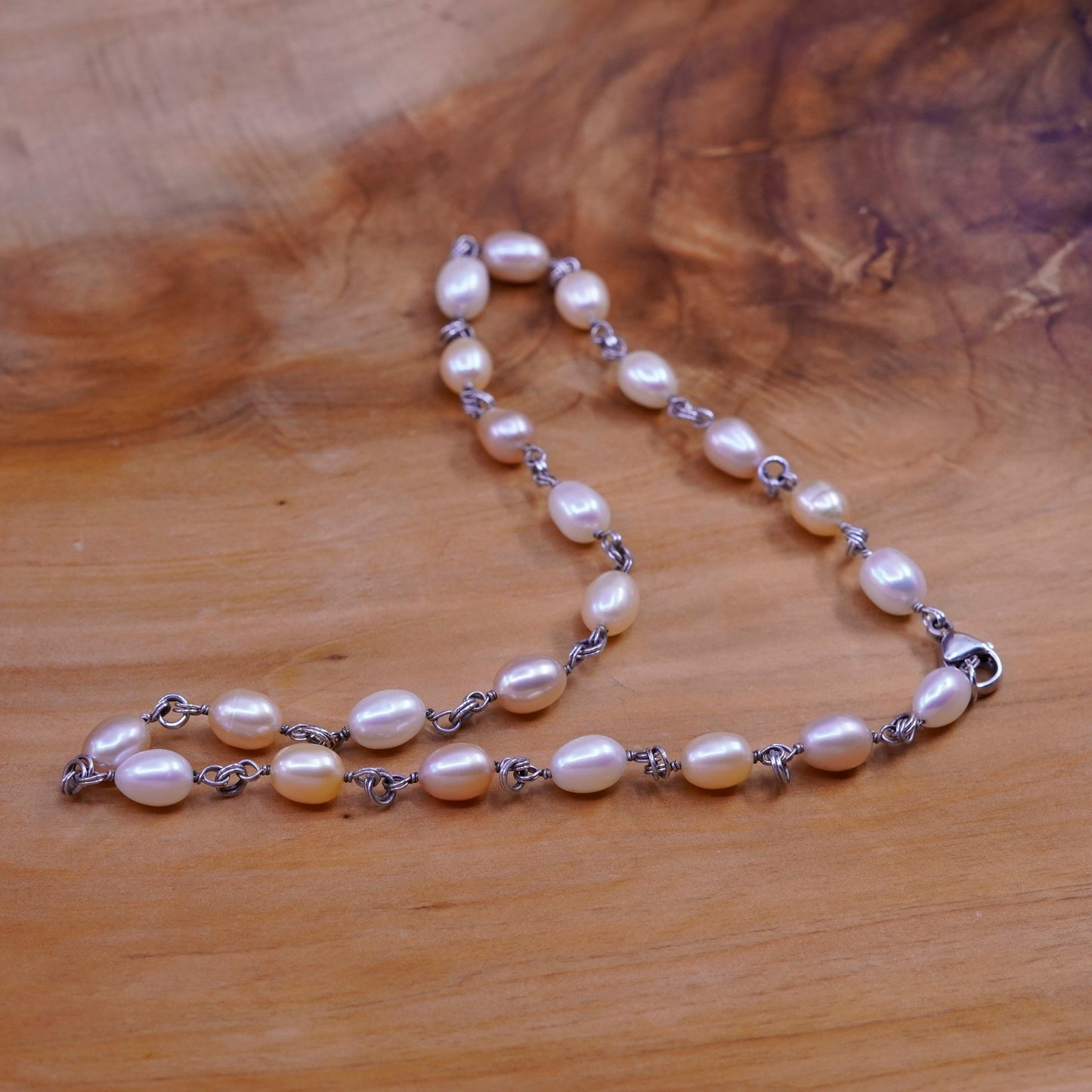 17”, vintage Sterling 925 silver handmade necklace with 6-8mm freshwater pearl