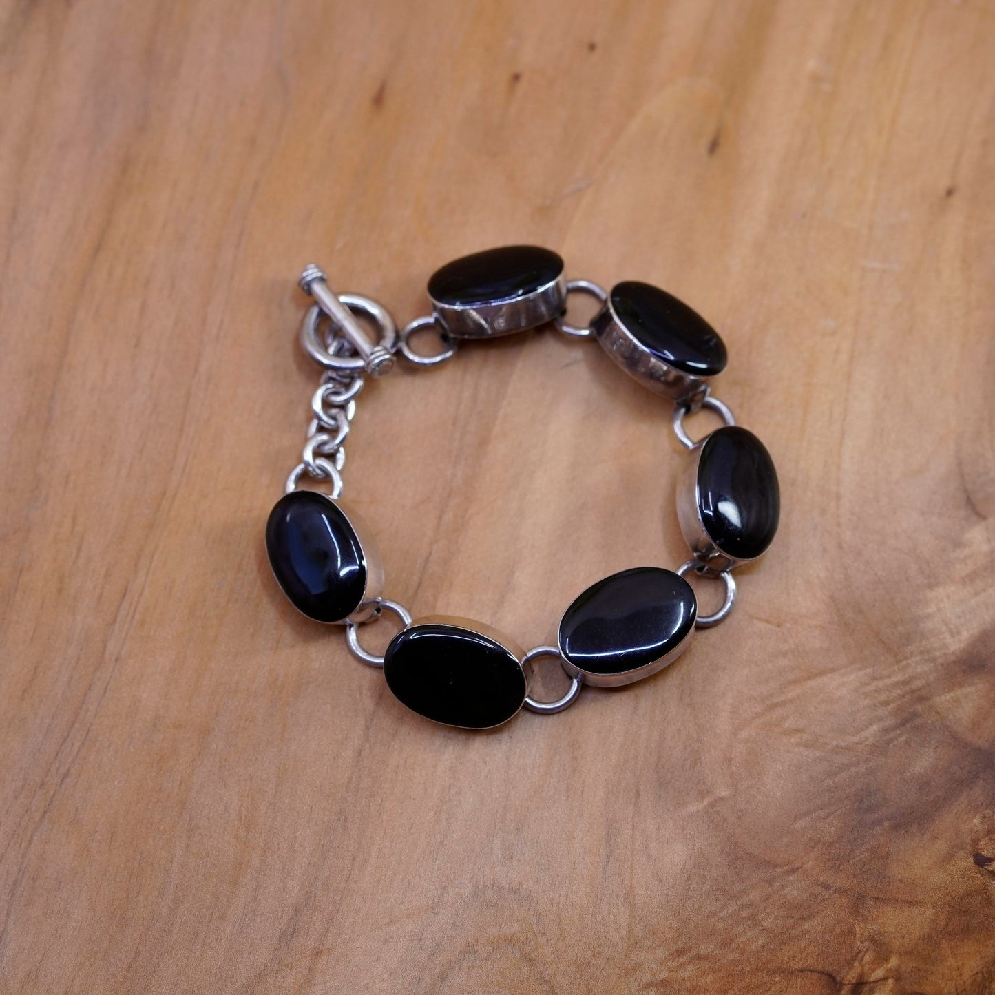 6.5”, vintage Sterling silver handmade bracelet, Mexico 925 chain oval onyx