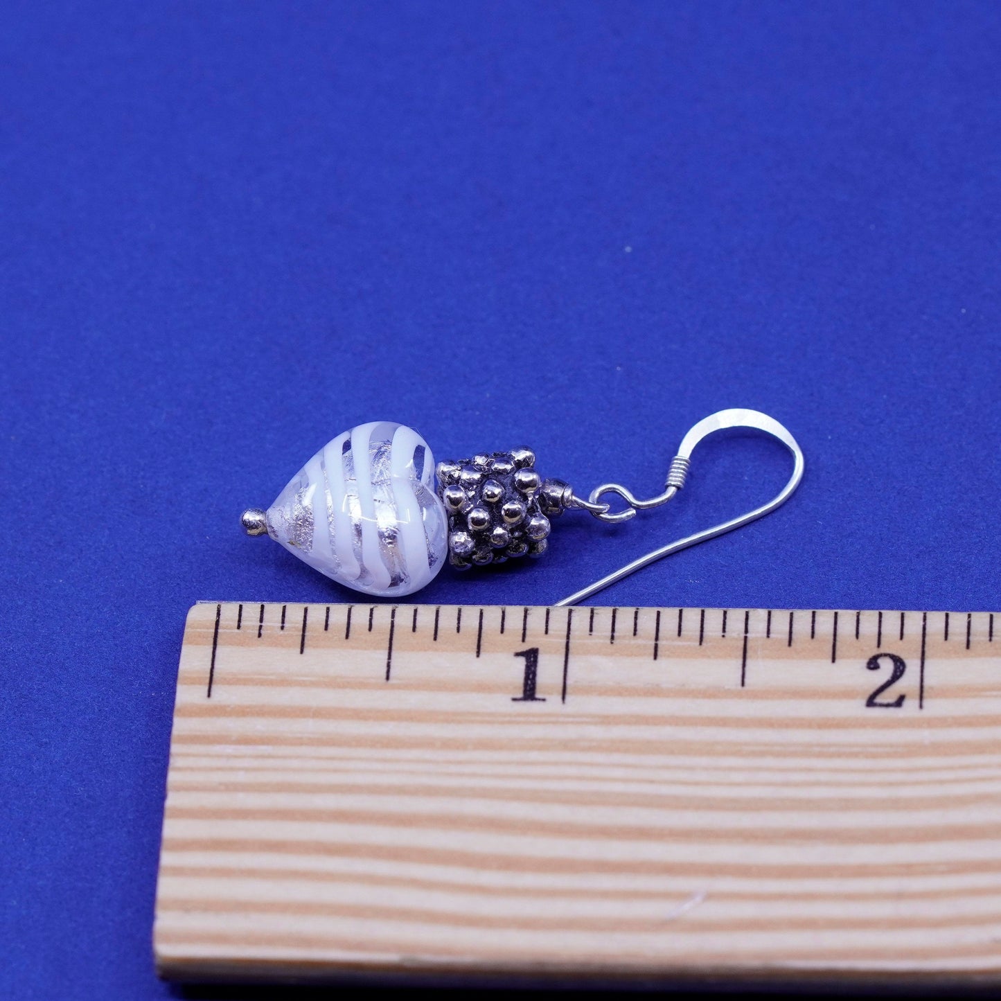 Vintage Sterling silver handmade earrings, 925 beads with glass heart Dangles