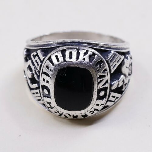 Sz 11.5, 1980s Sterling Silver Ring, 925 Brooklyn Center Statement W/ Obsidian