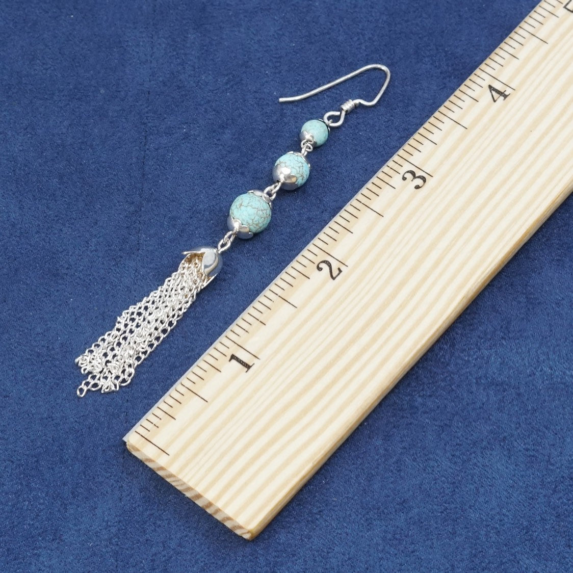 3” long, vtg sterling silver handmade earrings, 925 w/ turquoise beads N fringe