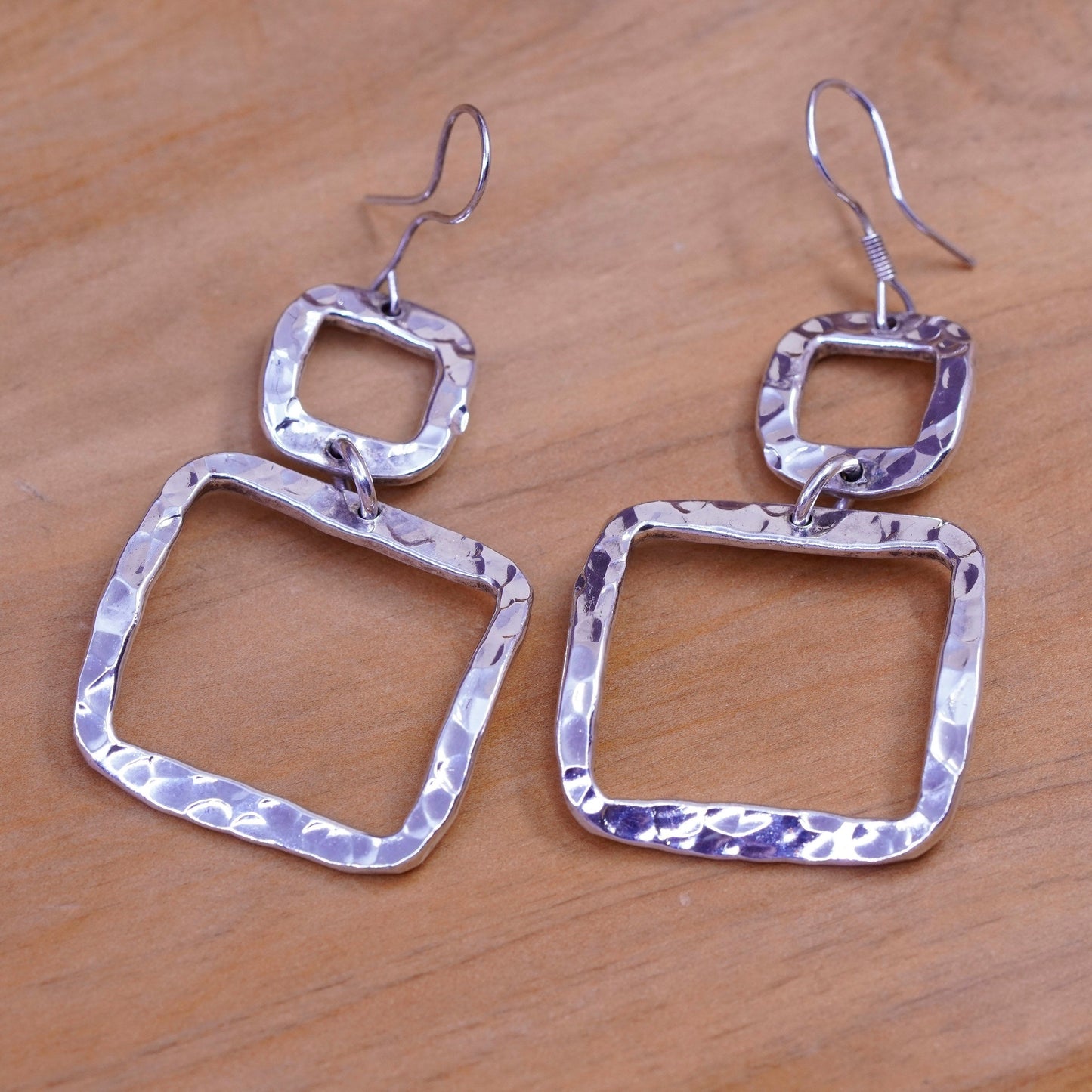 Vintage Mexico Sterling silver handmade earrings, 925 Hammered square dangles