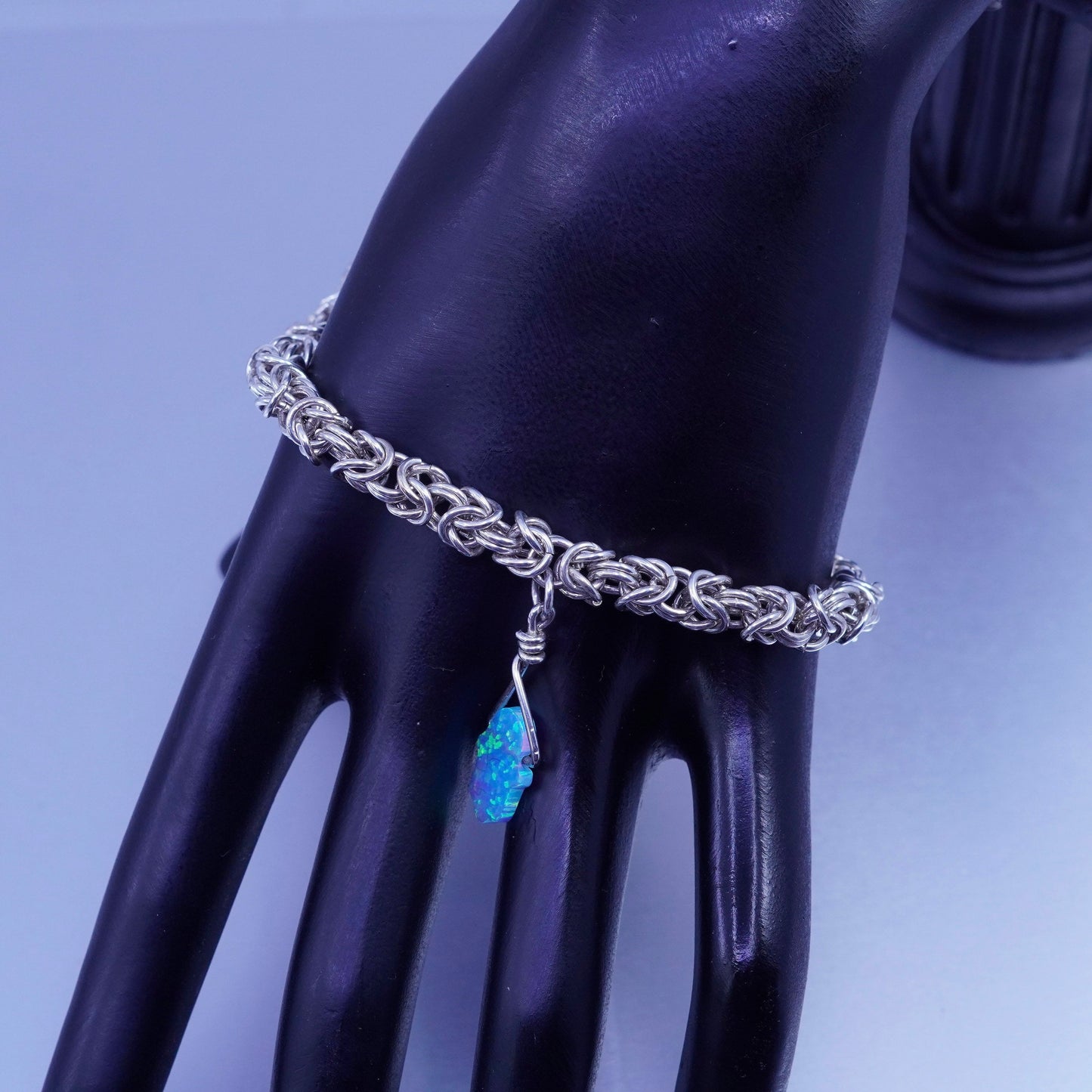 7.75”, Sterling silver bracelet 925 Byzantine birdcage chain opal hand charm