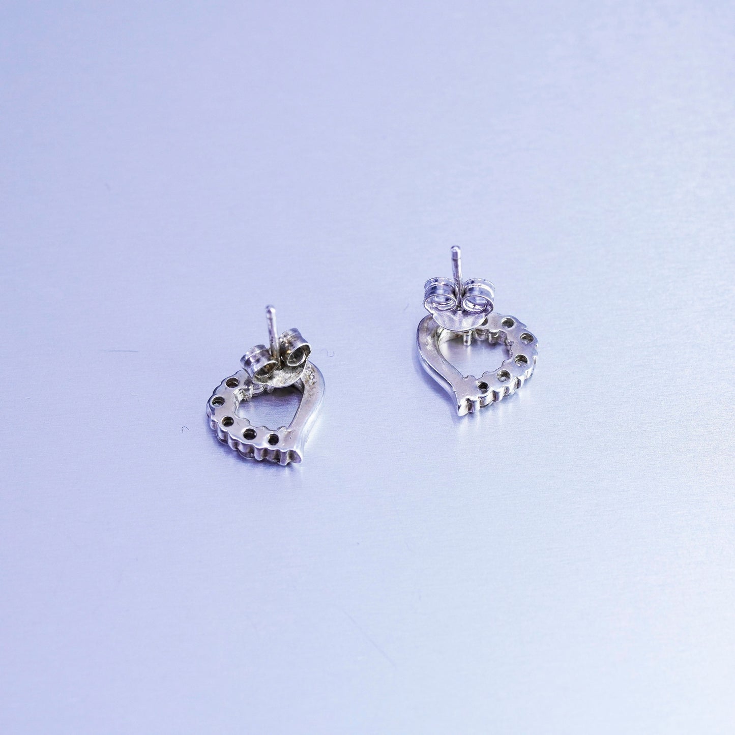 Vintage Sterling 925 silver handmade heart earrings, studs with cz