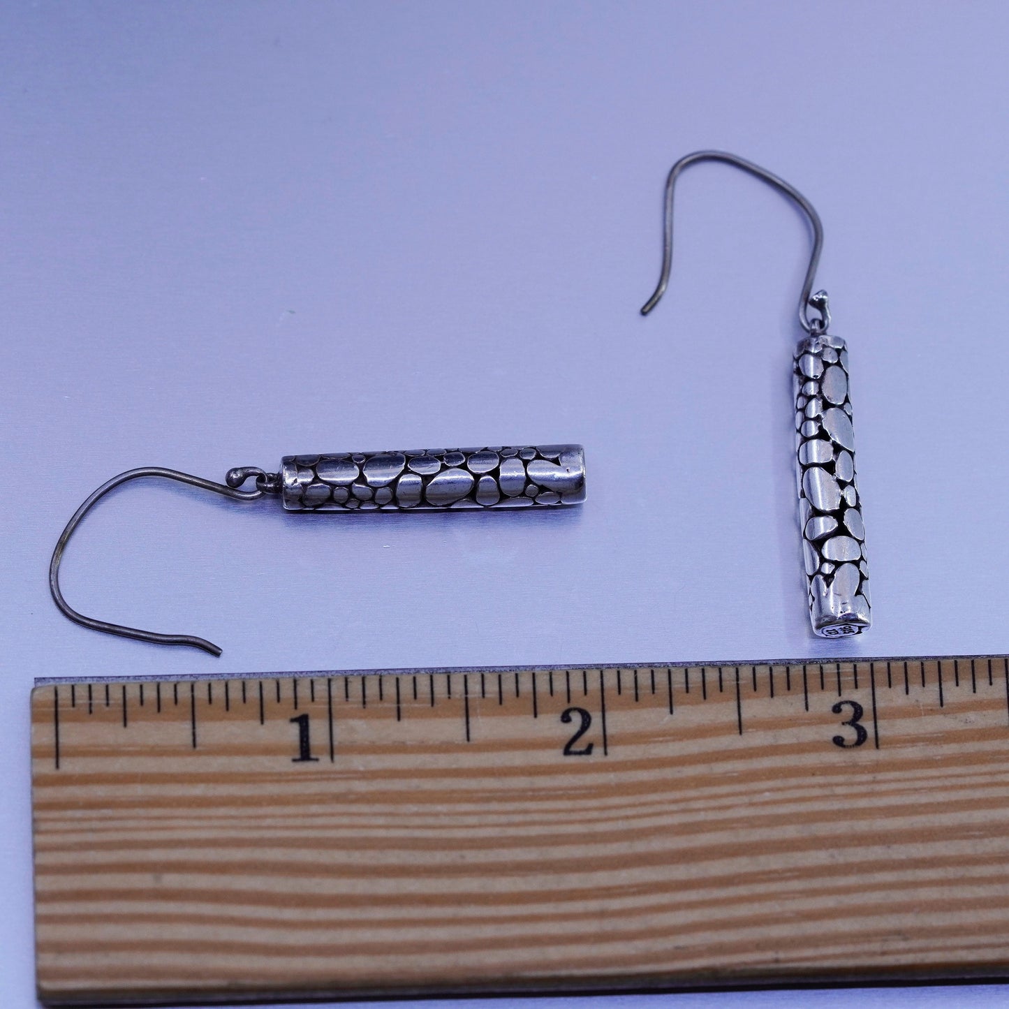 1”, vintage Sterling silver handmade earrings, 925 pebbles textured tube