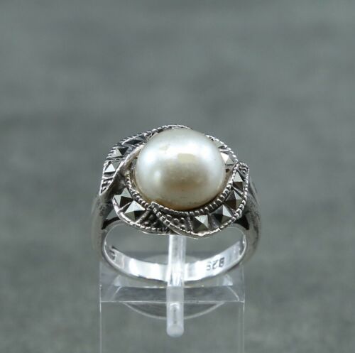Sz 7, Vtg Sterling Silver Handmade Ring, 925 Silver W/ Faux pearl
