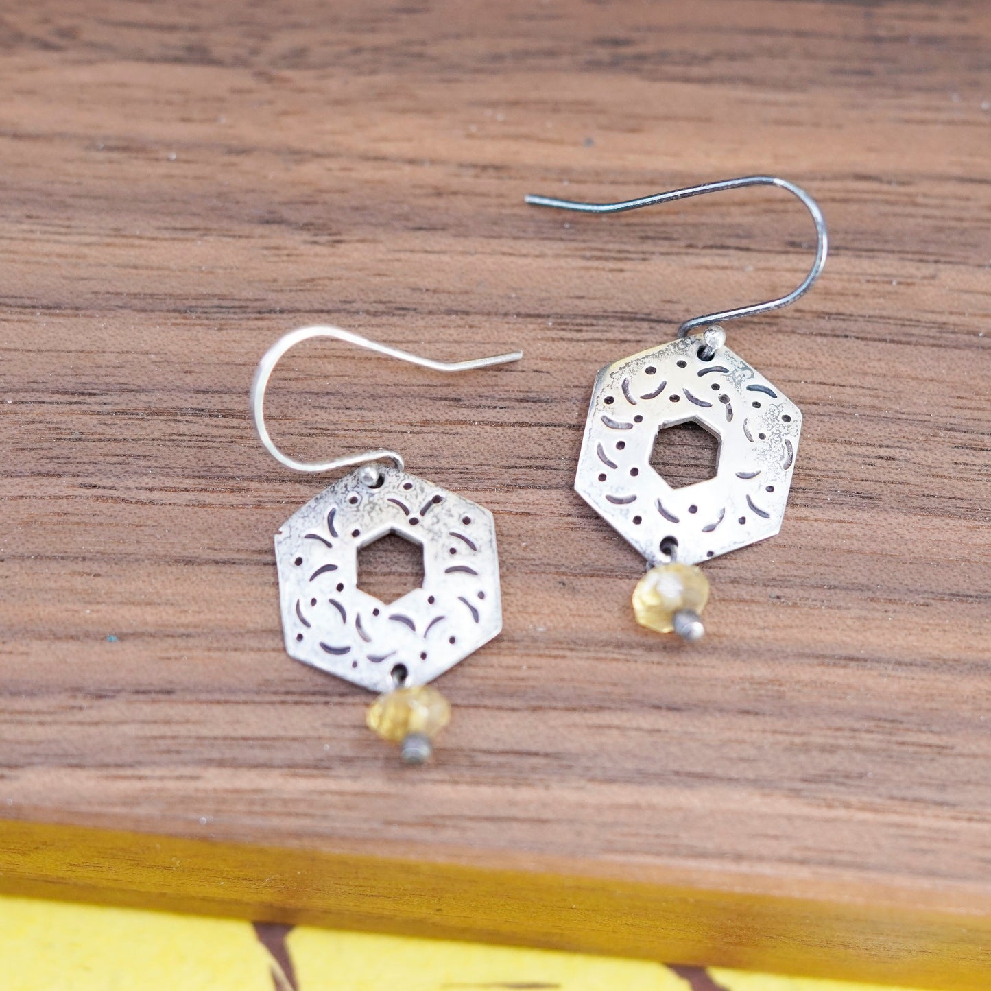Vintage sterling 925 silver handmade honeycomb earrings with citrine