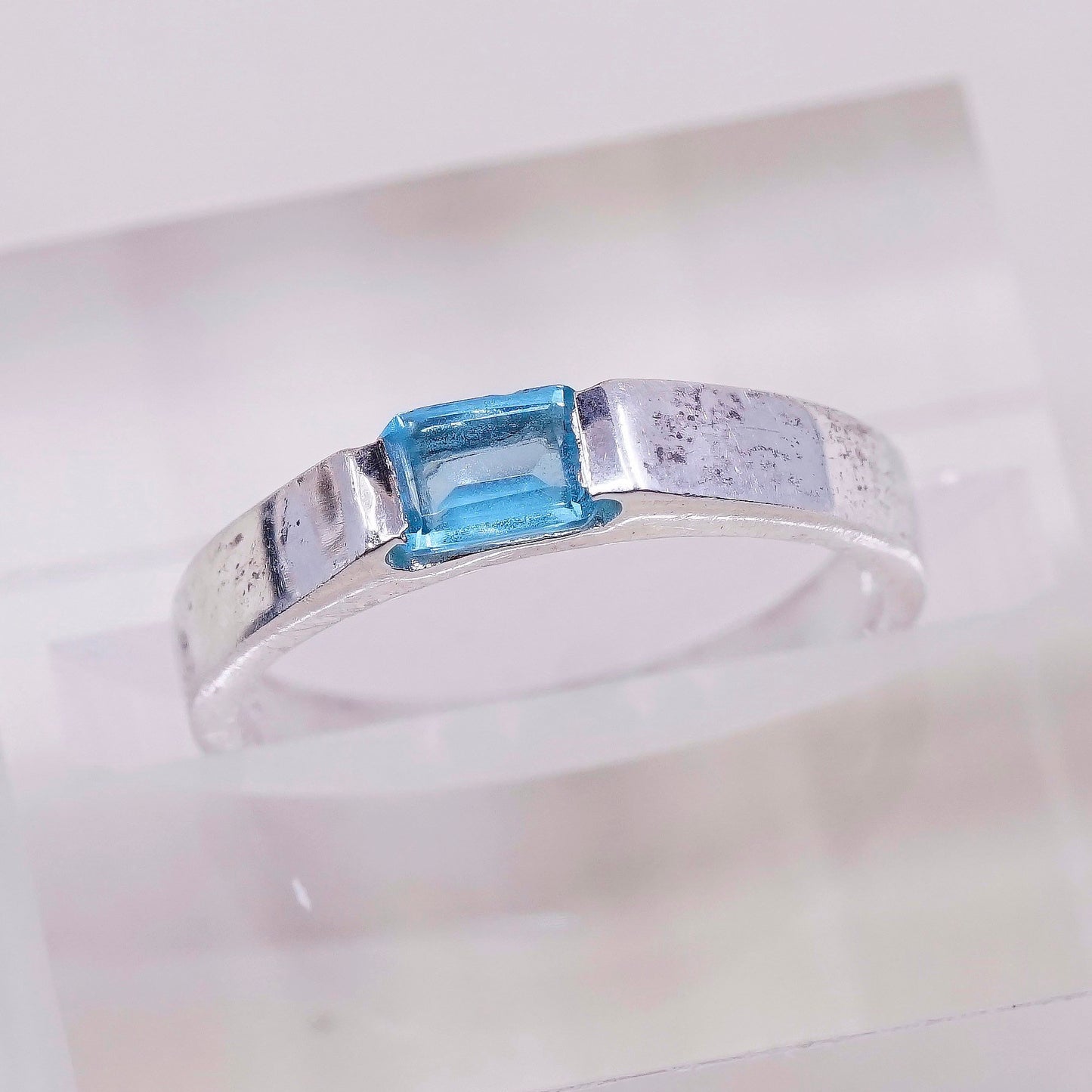 sz 7.25, vtg Sterling silver statement ring, 925 stackable band w/ blue topaz