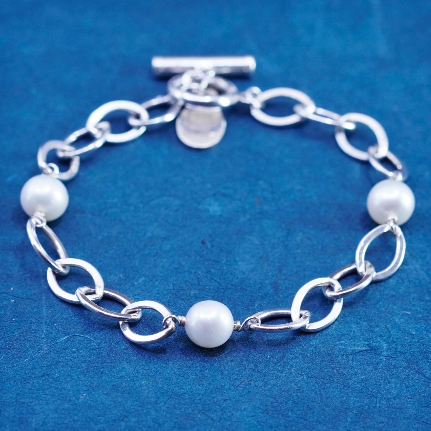 7”, vintage tharpe Sterling silver handmade bracelet, 925 clasp w/ pearl beads