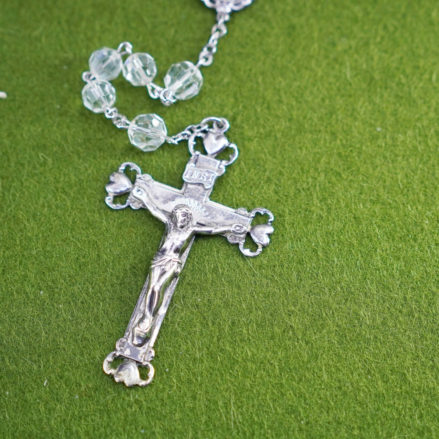 28”, Chapel sterling 925 silver rosary necklace w/ cross pendant crystal beads