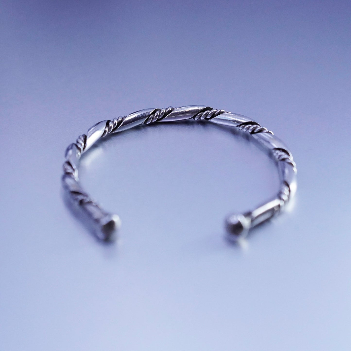 6.75”, Sterling 925 silver handmade bracelet, twisted cable cuff with bead ends