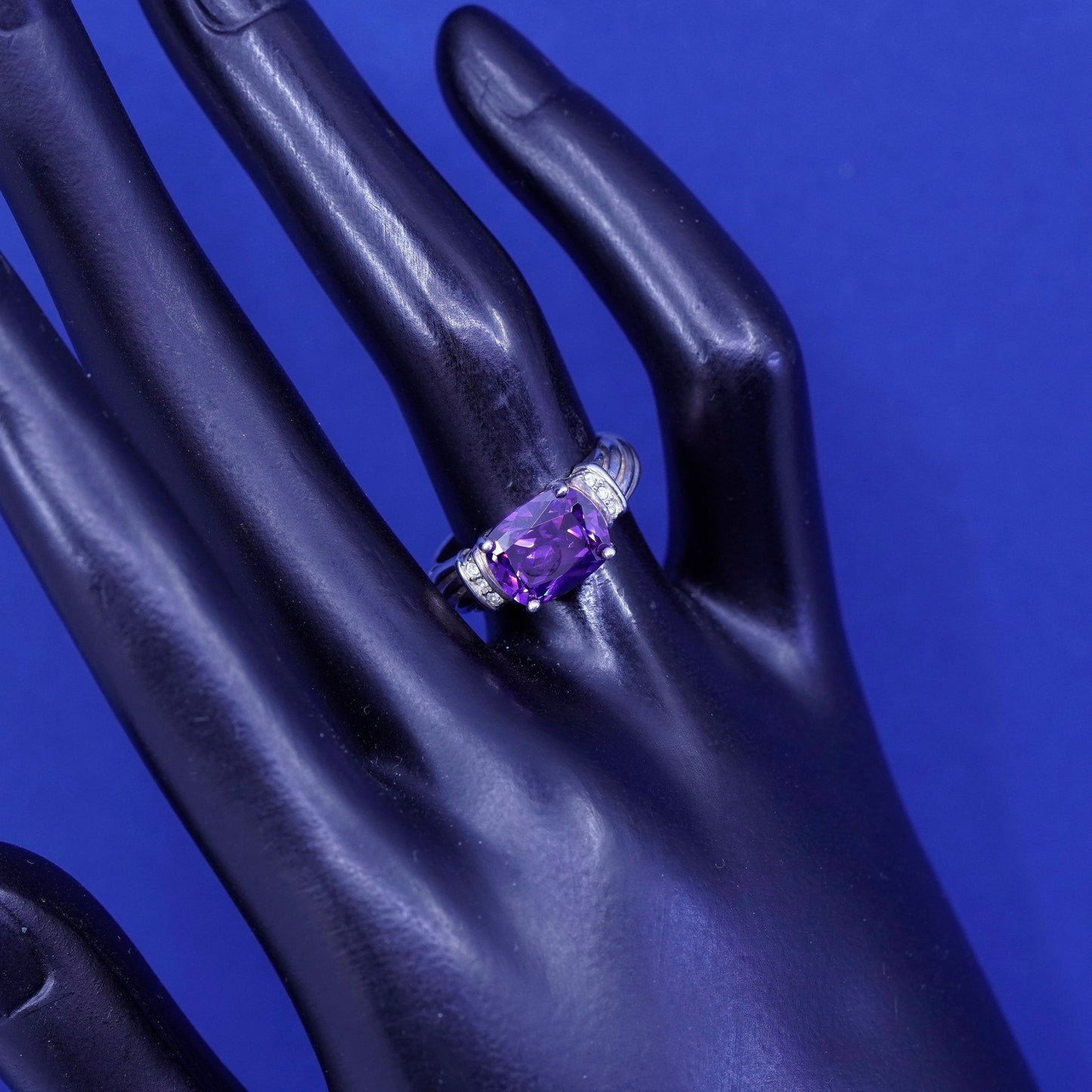 Size 6, vintage Sterling 925 silver engagement ring with amethyst and Cz