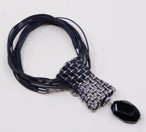 14”+2”, Vtg Mexico Handmade Sterling 925 Silver Pendant W/ Black Leather Chain