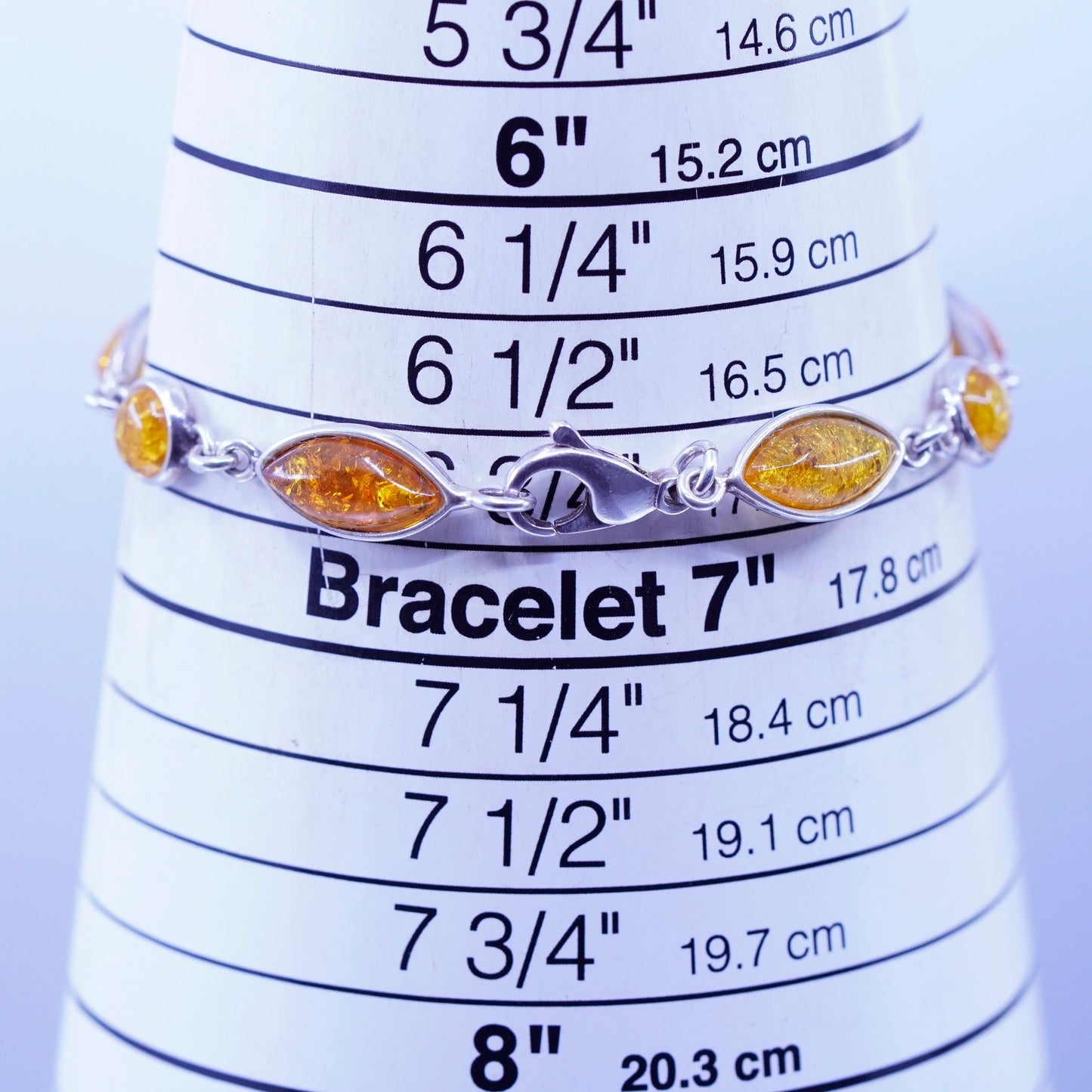 6.75”, Sterling 925 silver handmade tennis bracelet chain with marquise amber