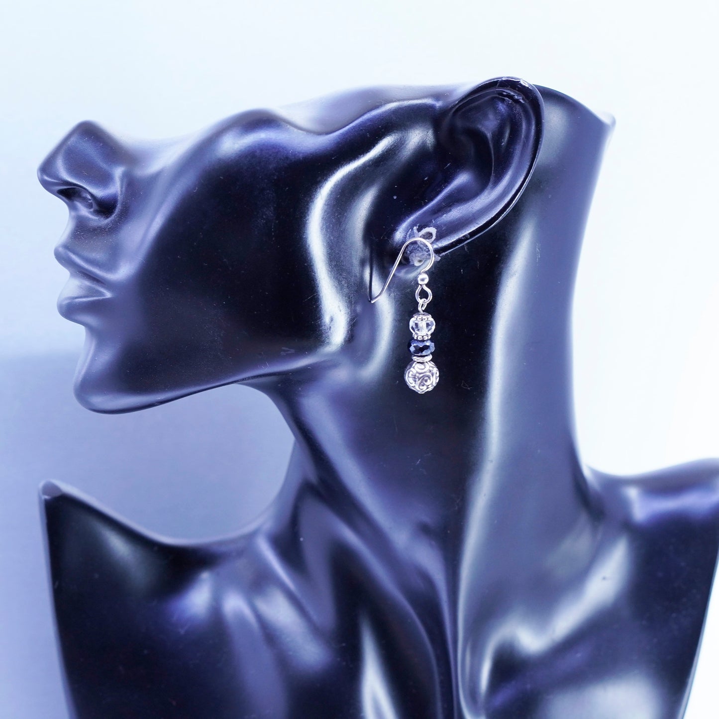 Vintage Sterling 925 silver swirly textured beads earrings with crystal