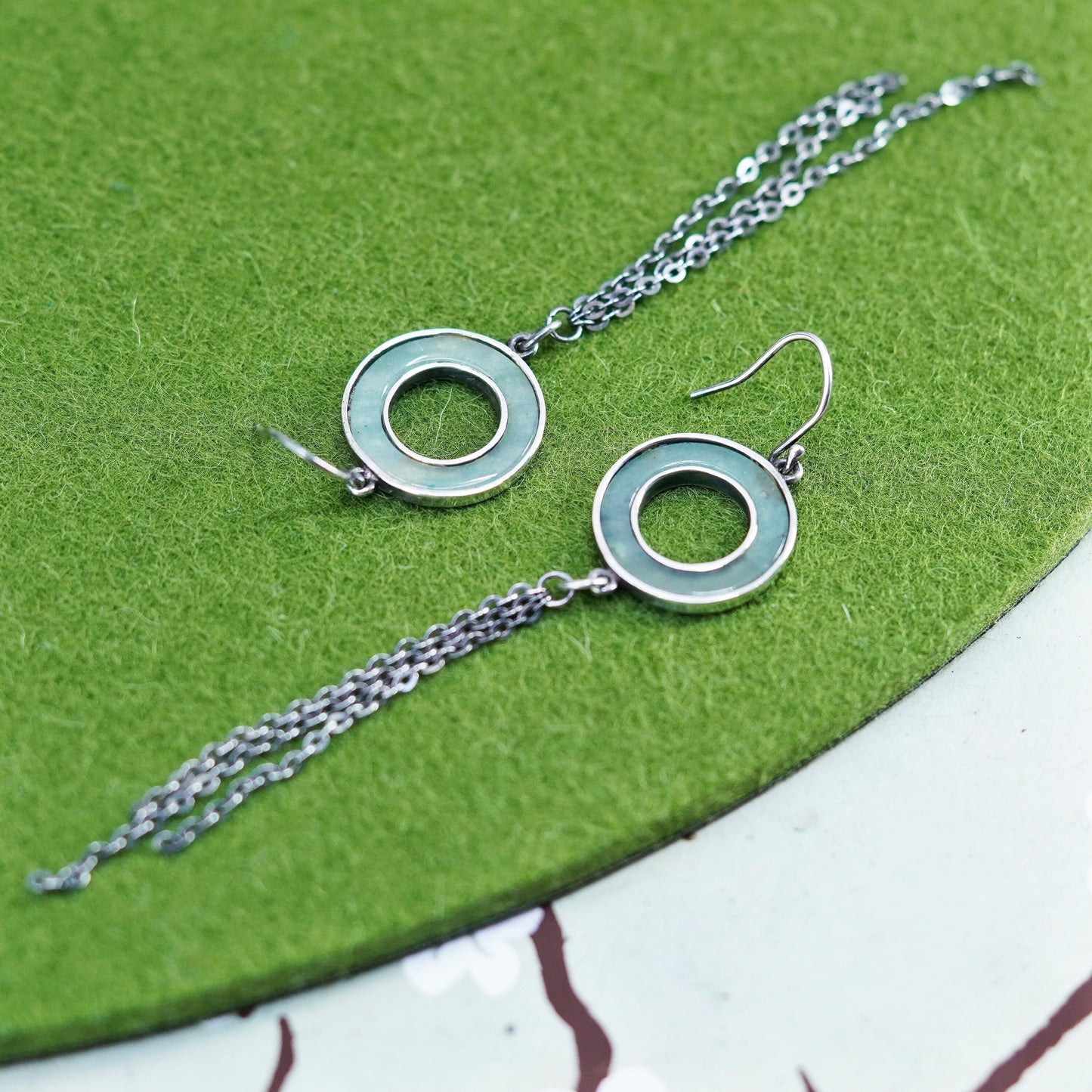 Vintage sterling silver 925 handmade earrings with jade and circle chain fringe