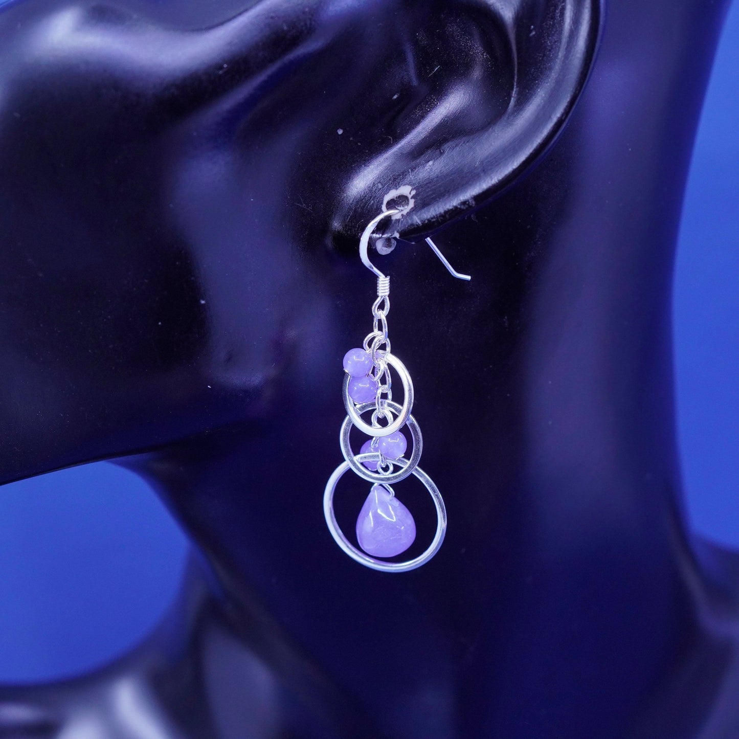 Vintage sterling silver handmade earrings, 925 circles w/ bead amethyst dangles