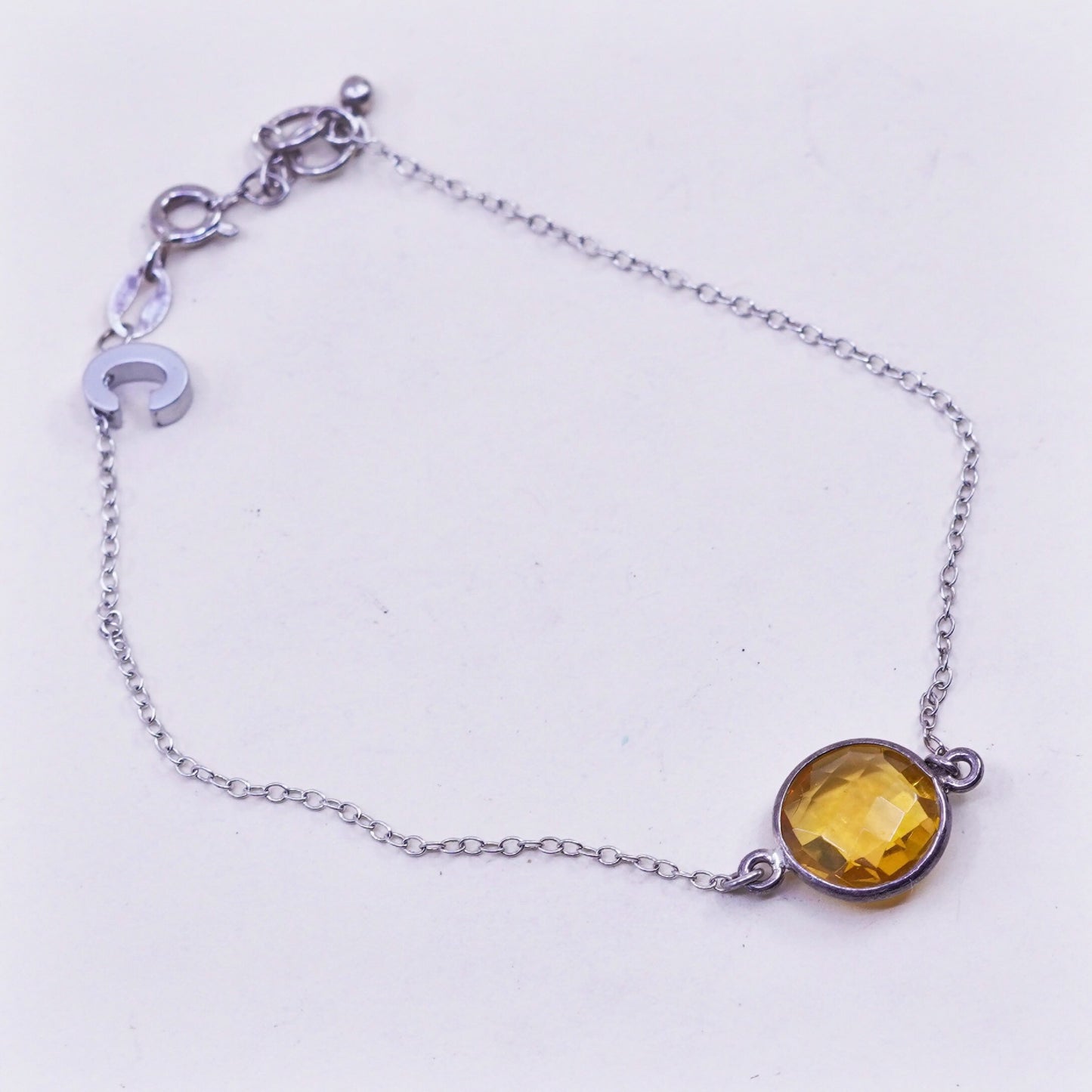 7.25”, 1mm, Vintage sterling 925 silver circle chain bracelet with citrine