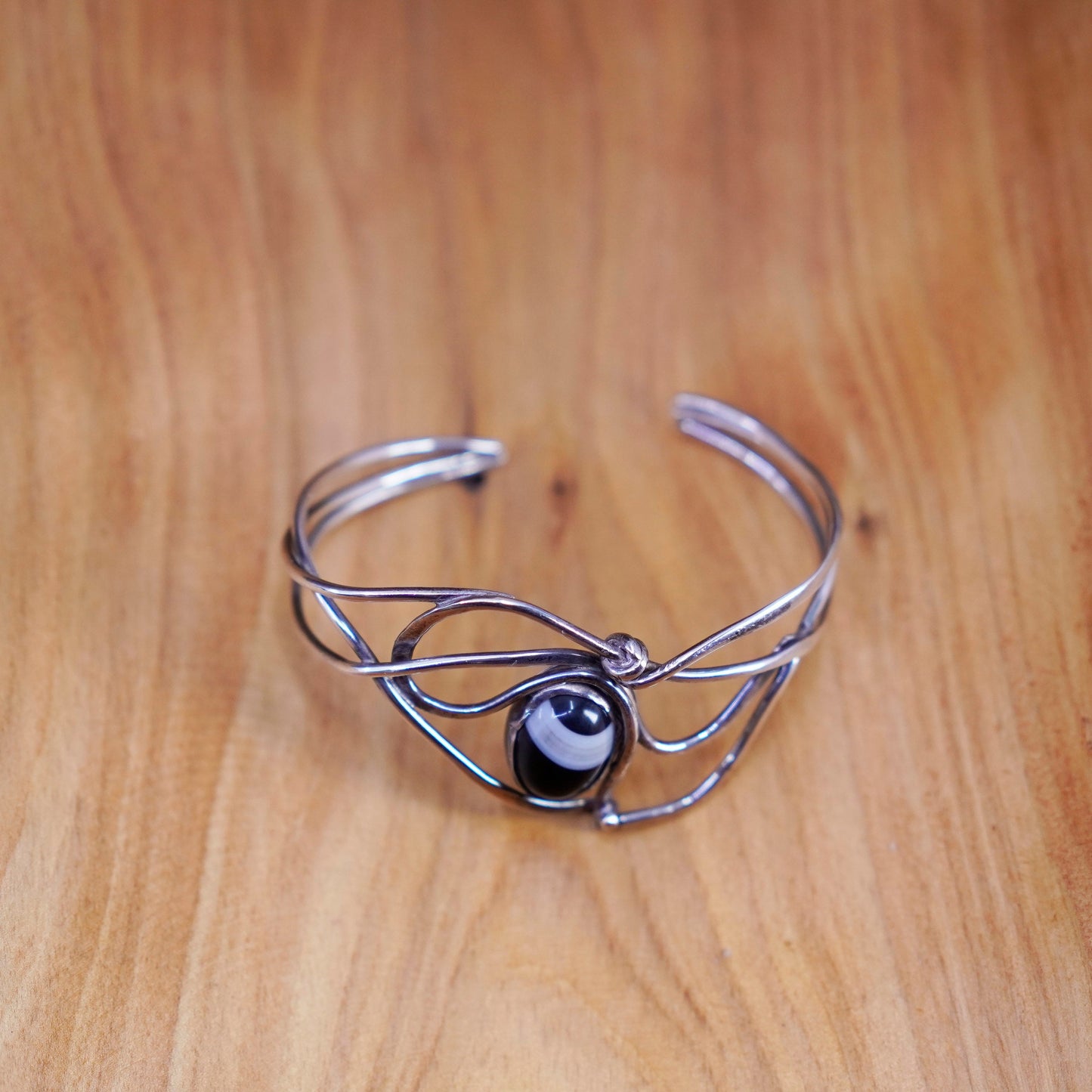 6”, antique sterling silver handmade bracelet, wired 925 cuff with agate