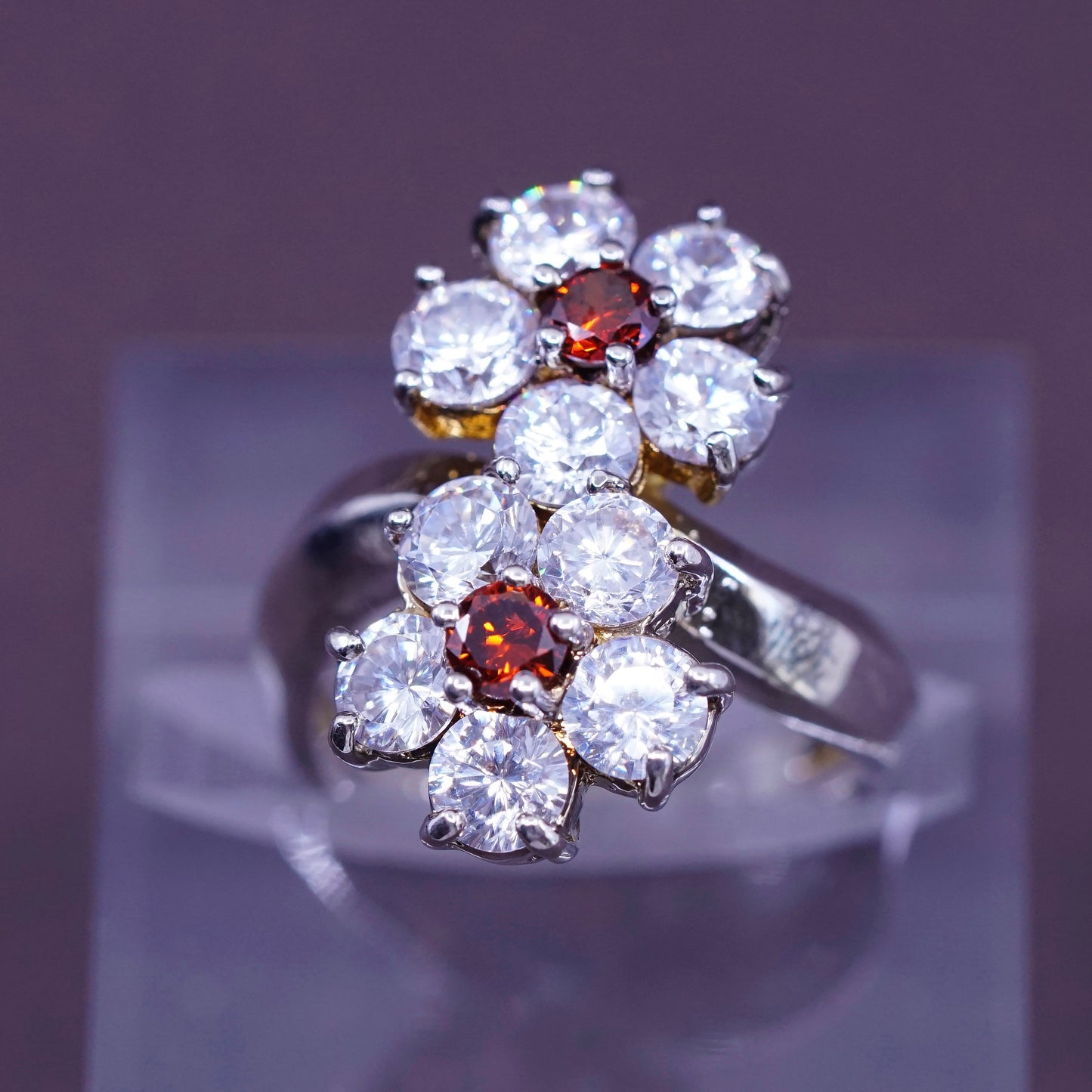 Size 6.75, vtg Sterling 925 silver handmade ring with crystal flower and ruby