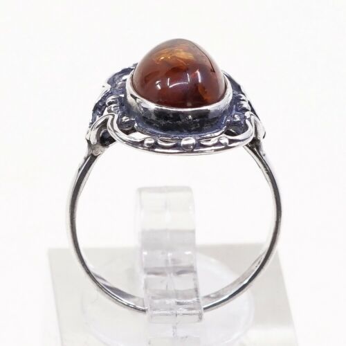 Sz 6.75, Orangle Amber Cabochon Sterling 925 Silver Handmade Ring