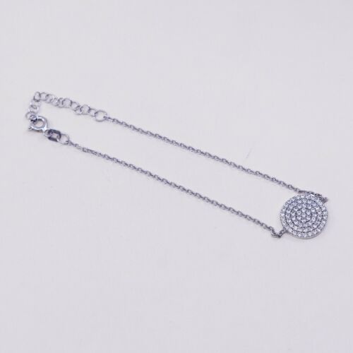 7.25” Vtg Sterling Silver Handmade Bracelet, 925 Circle W/ Cluster Cz Charm