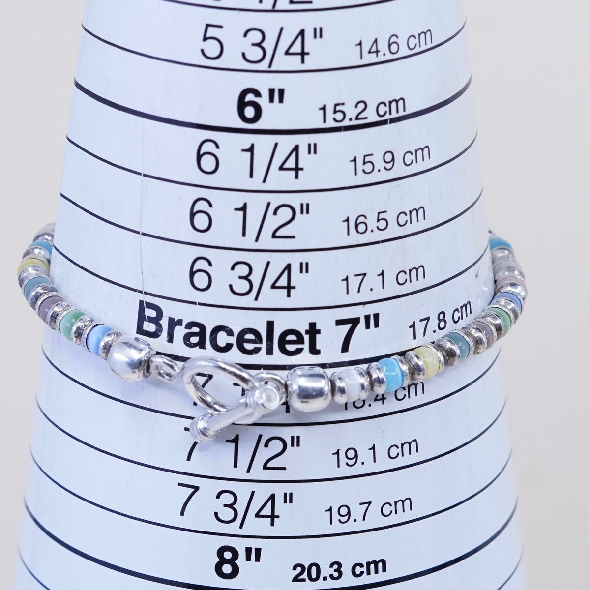 7.25”, sterling 925 silver handmade bracelet, tiger eye beads w/ toggle closure