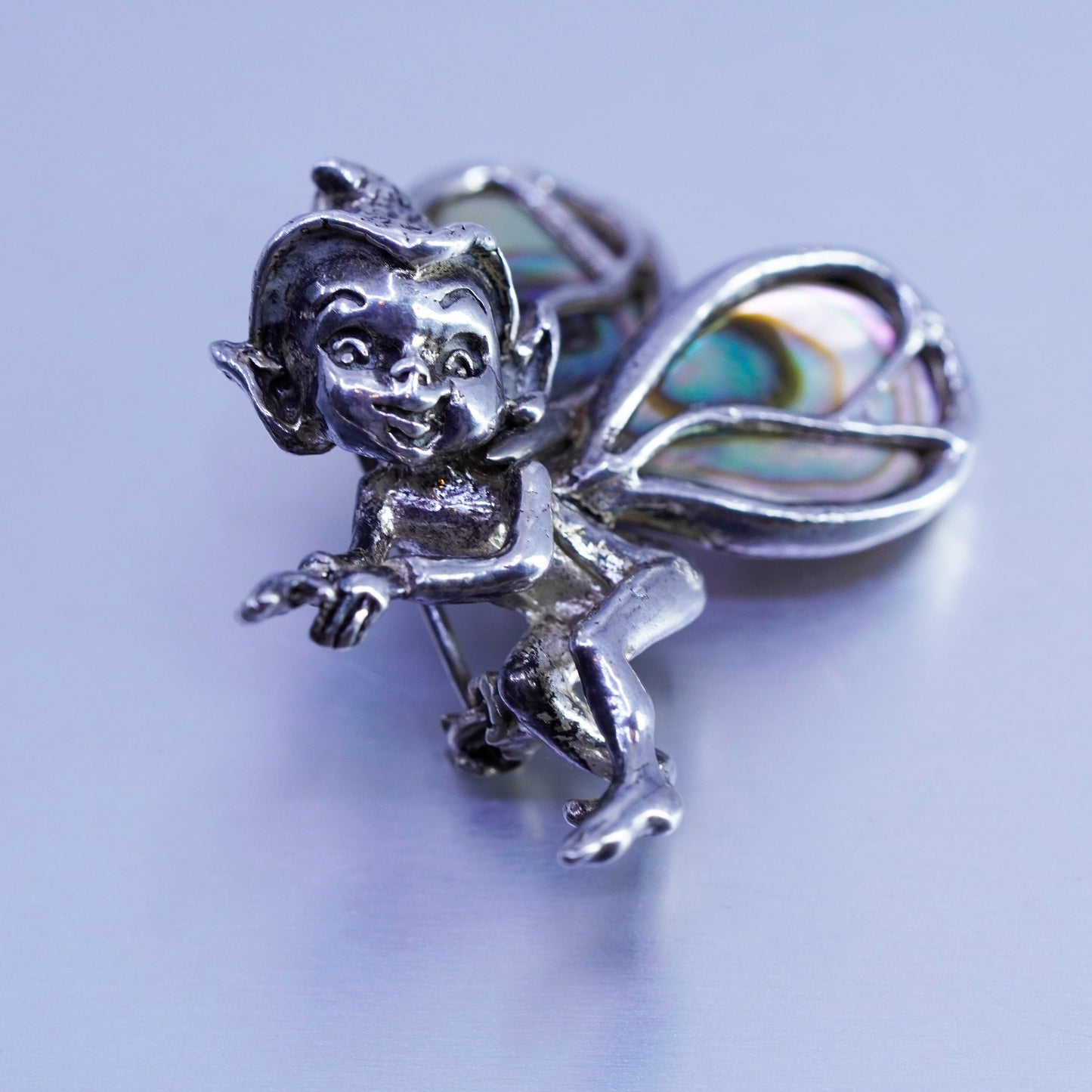 Vintage Sterling 925 silver handmade fairy brooch, pin with abalone