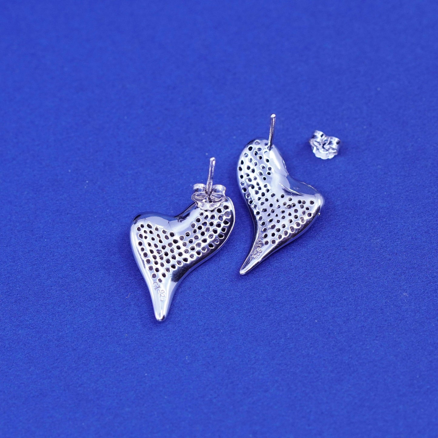 Vintage Sterling silver handmade earrings, 925 heart studs with cluster cz