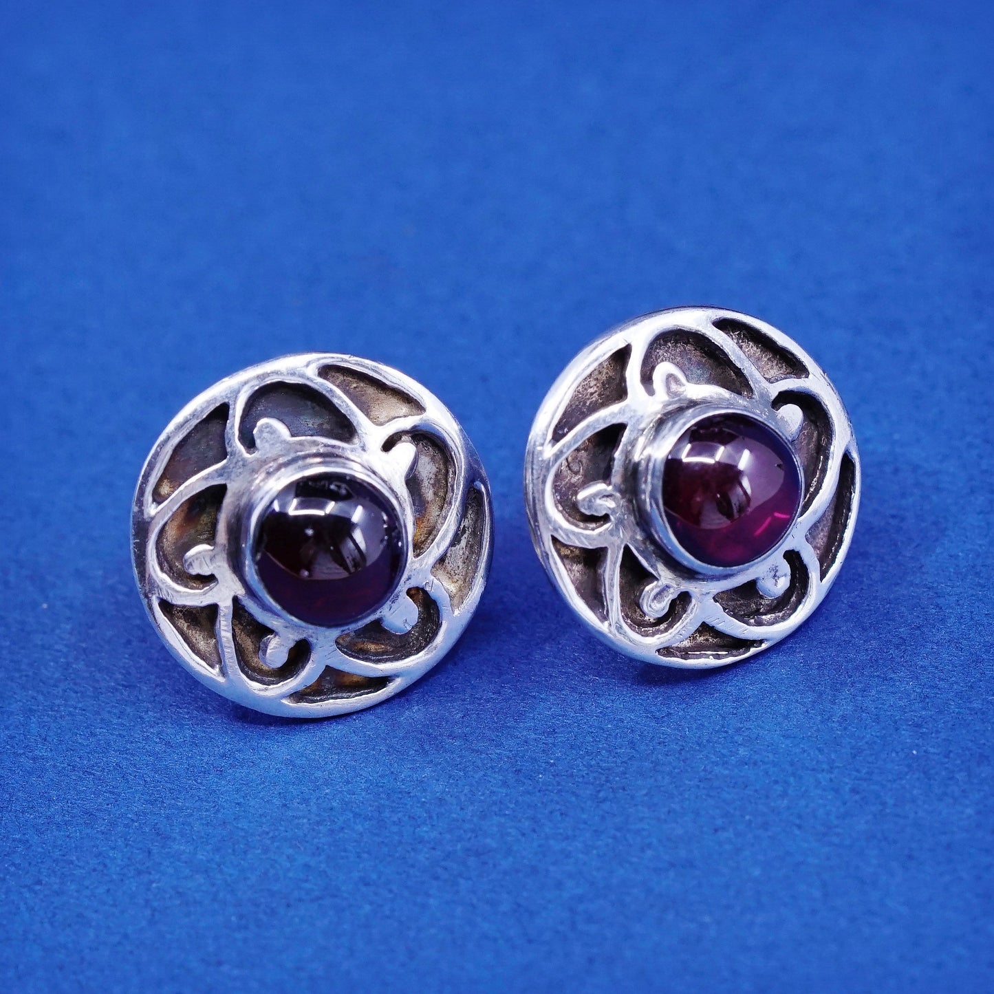 Vintage sterling silver handmade earrings, 925 flower studs with garnet