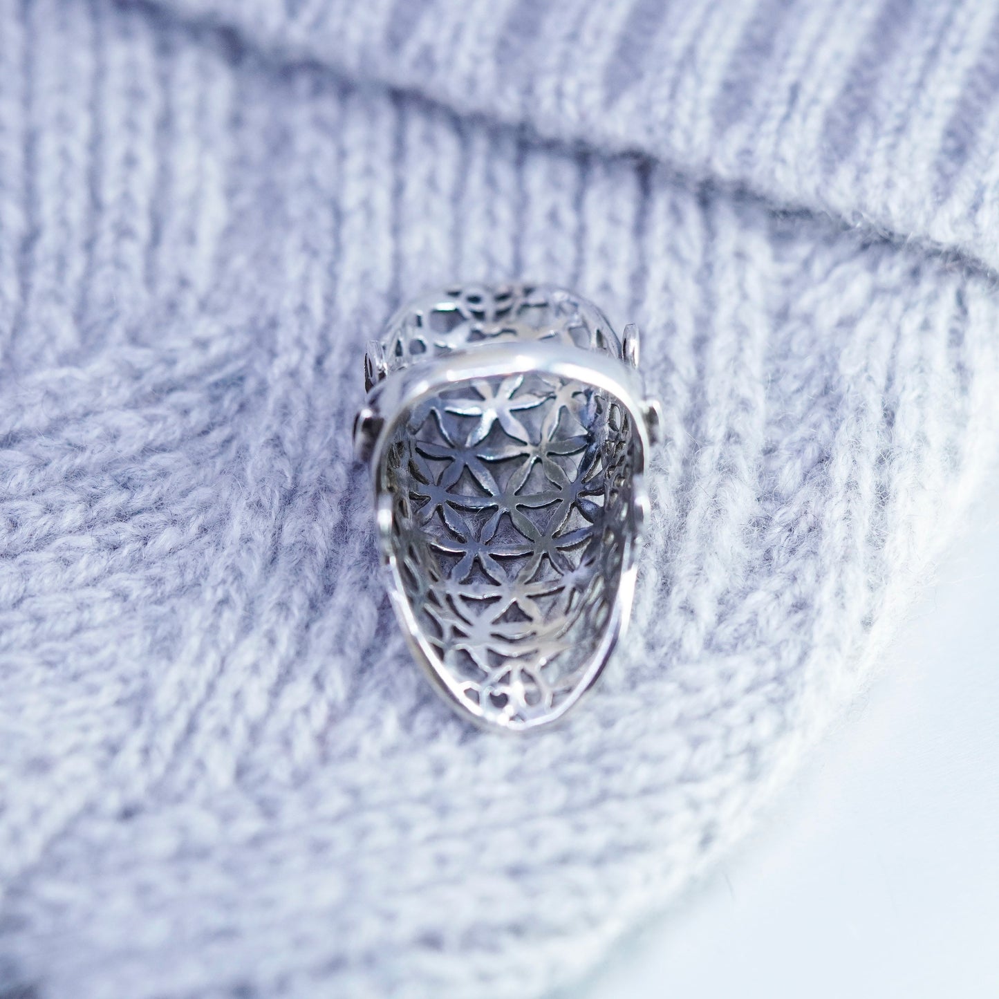 Size 6.25, vtg Sterling 925 silver handmade ring, filigree finger guard band