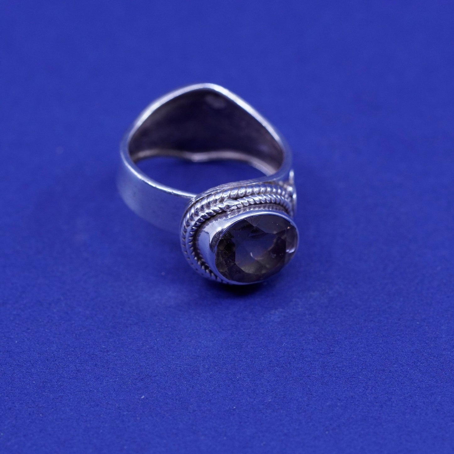 Size adjustable, vintage sterling 925 silver handmade ring with smoky topaz