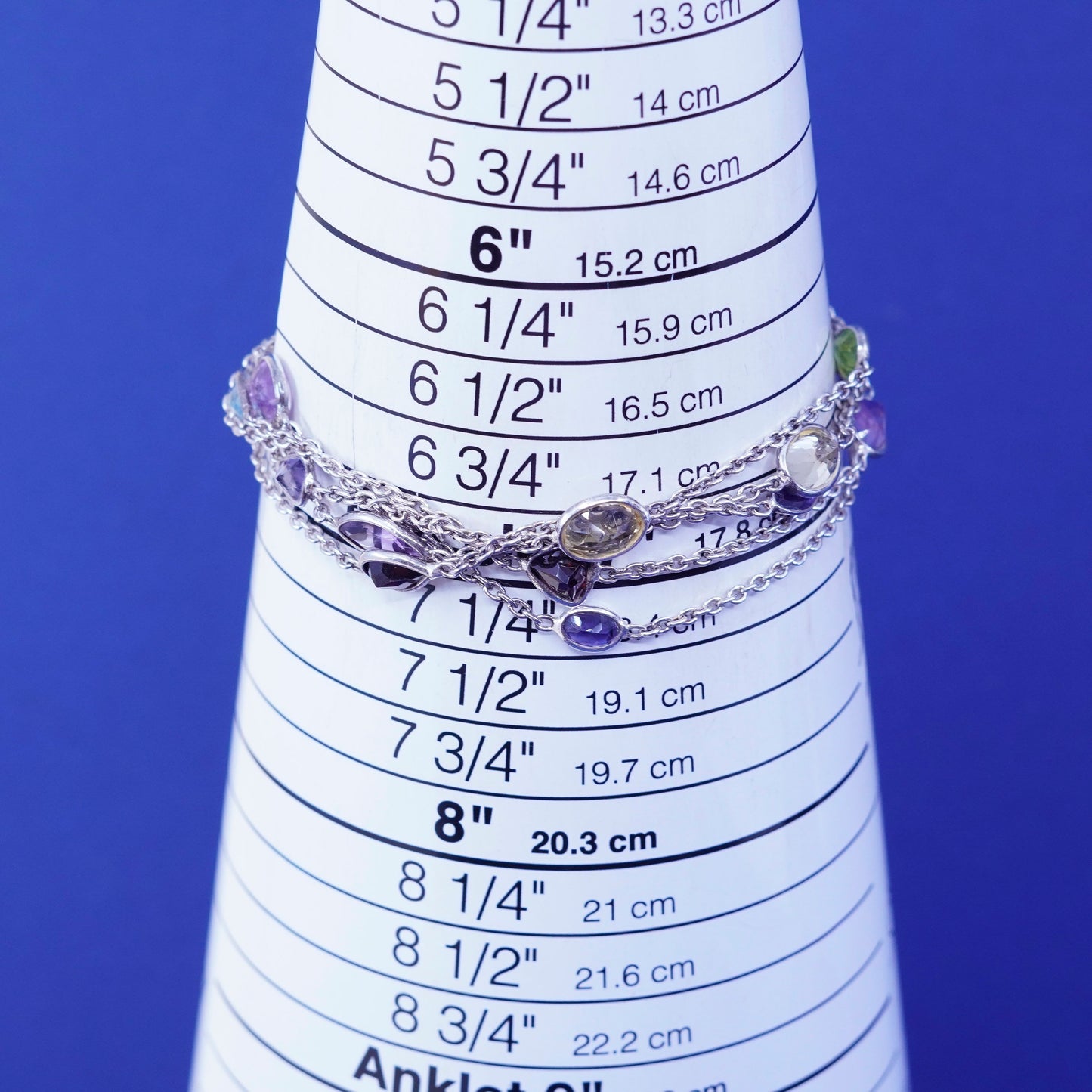 7+1”, vtg Sterling silver bracelet, multi strands 925 circle chain gemstones