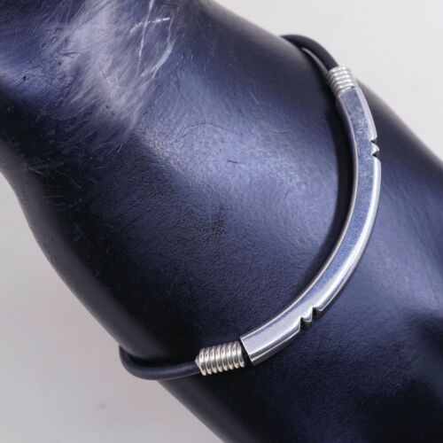 7.25” Vtg Mexico Black Rubber Handmade Bracelet W/ Sterling 925 Silver Slide Bar