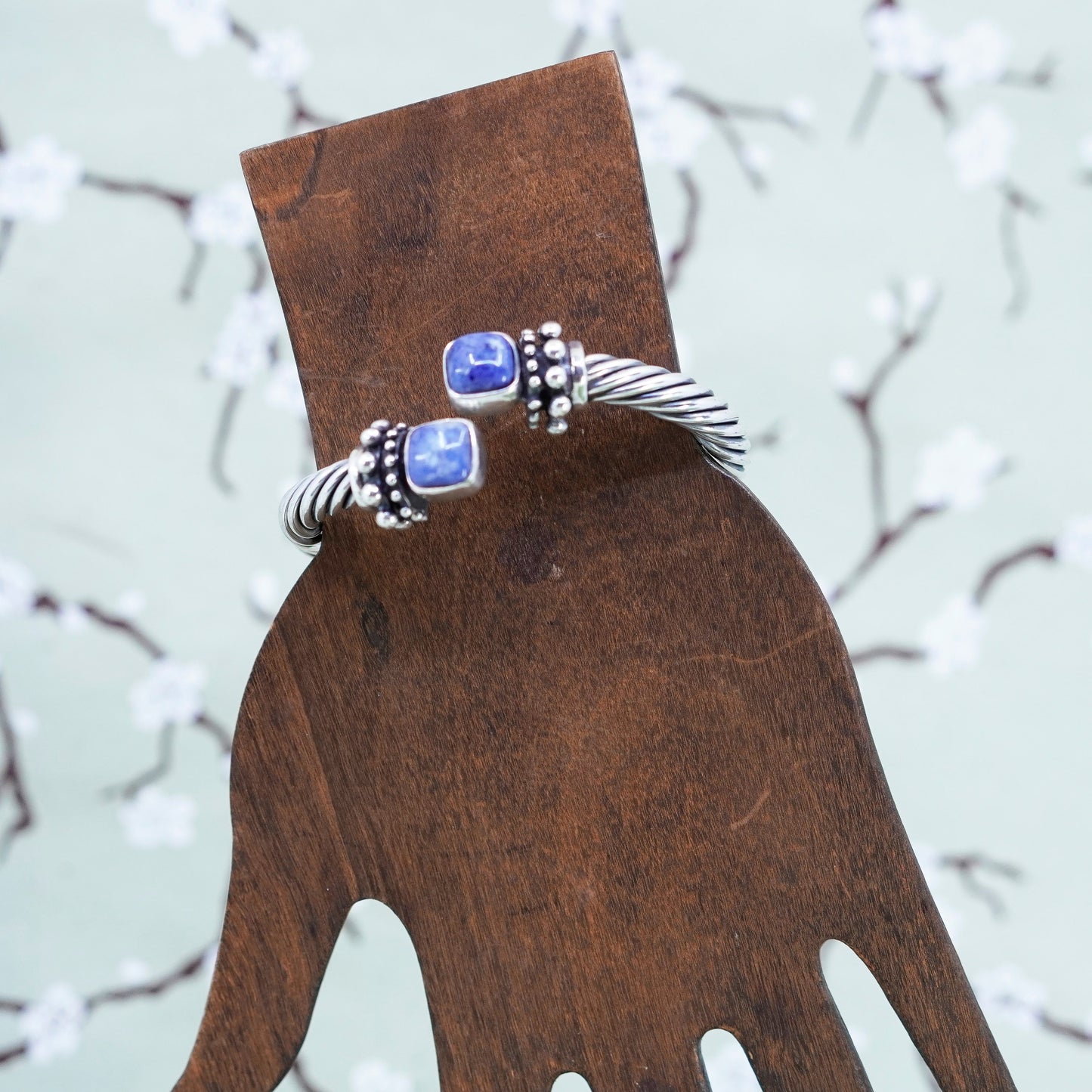 6”, vintage Sterling silver bracelet, handmade 925 cable cuff with sodalite
