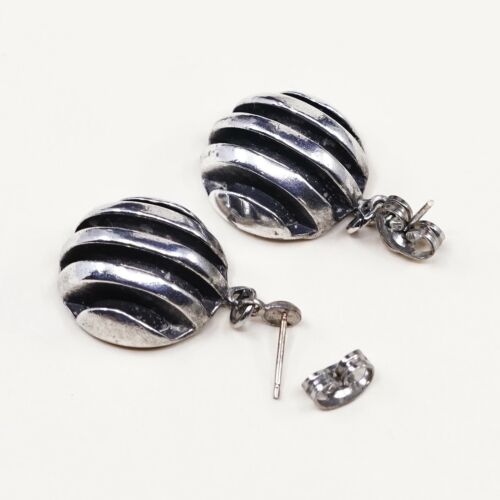 Vtg Mexico Modern Sterling Silver Handmade Earrings, 925 Silver Round Dangles