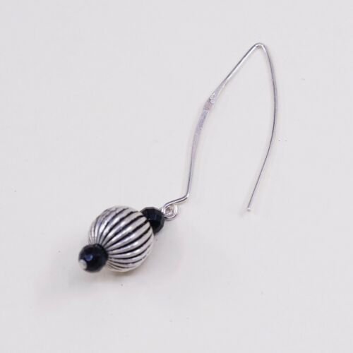 Vtg Mexico Sterling Silver Handmade Earrings, 925 Ribbed Bead W Dangles