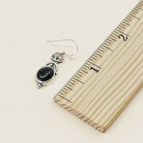 Vintage Sterling Silver Handmade Earrings, 925 Silver Dangles W/ Obsidian Inlay