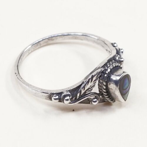 Size 5.5, Vtg Sterling 925 Silver Handmade Ring W/ Abalone N Leaves Around