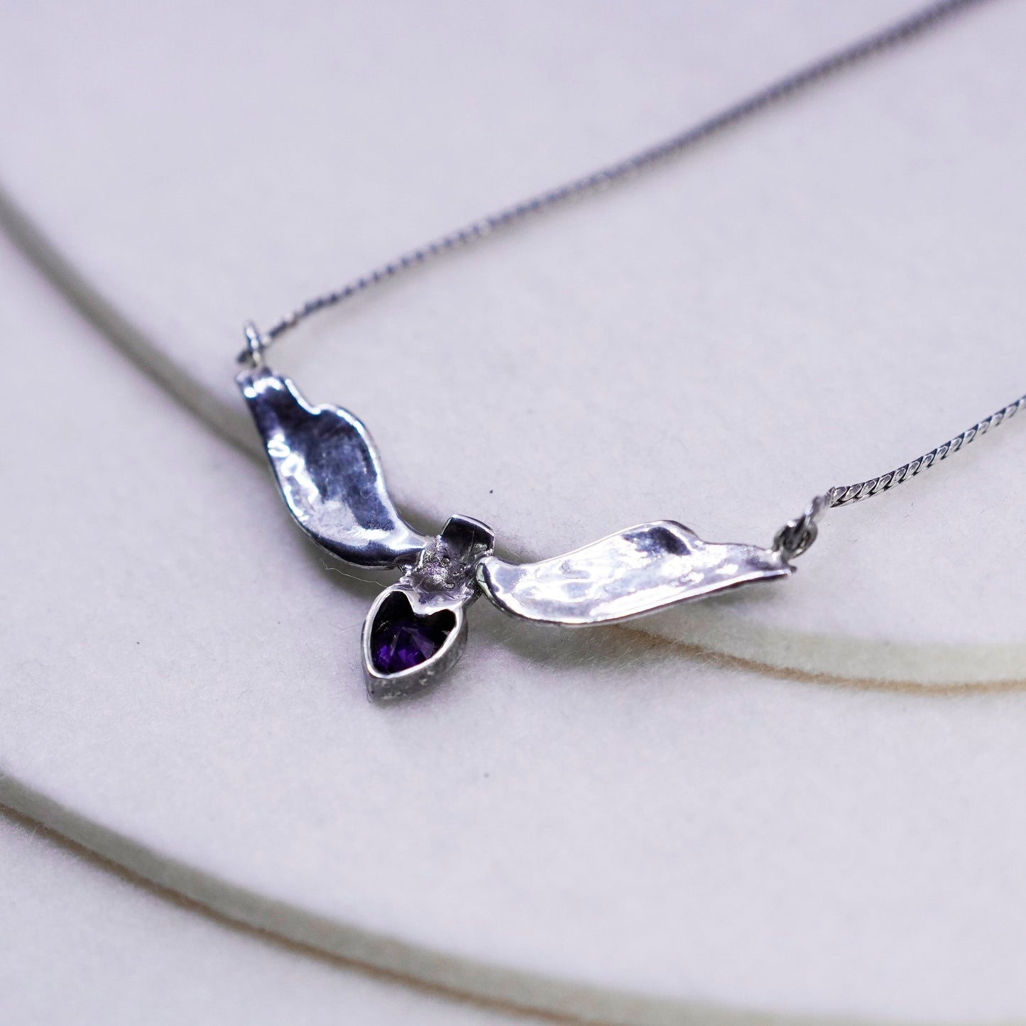 16”, Sterling 925 silver flatten curb necklace amethyst marcasite wings pendant