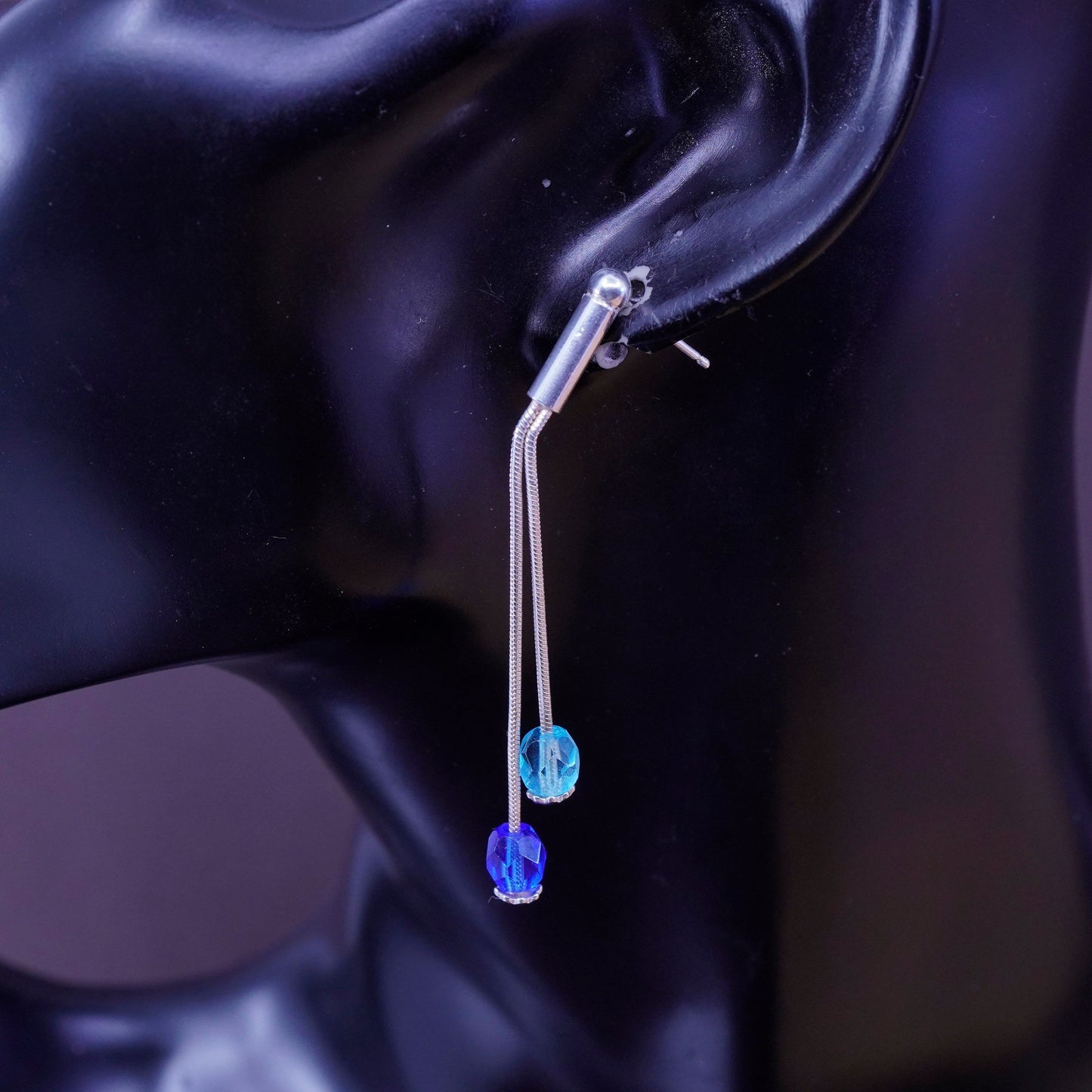 Vintage Sterling 925 silver handmade long earrings with blue Swarovski crystal